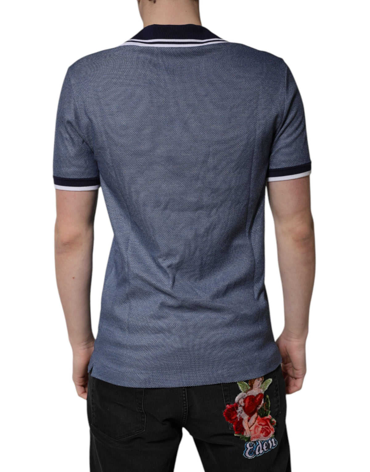 Dolce & Gabbana Blaues Polo-T-Shirt mit V-Ausschnitt aus Seidenmischung