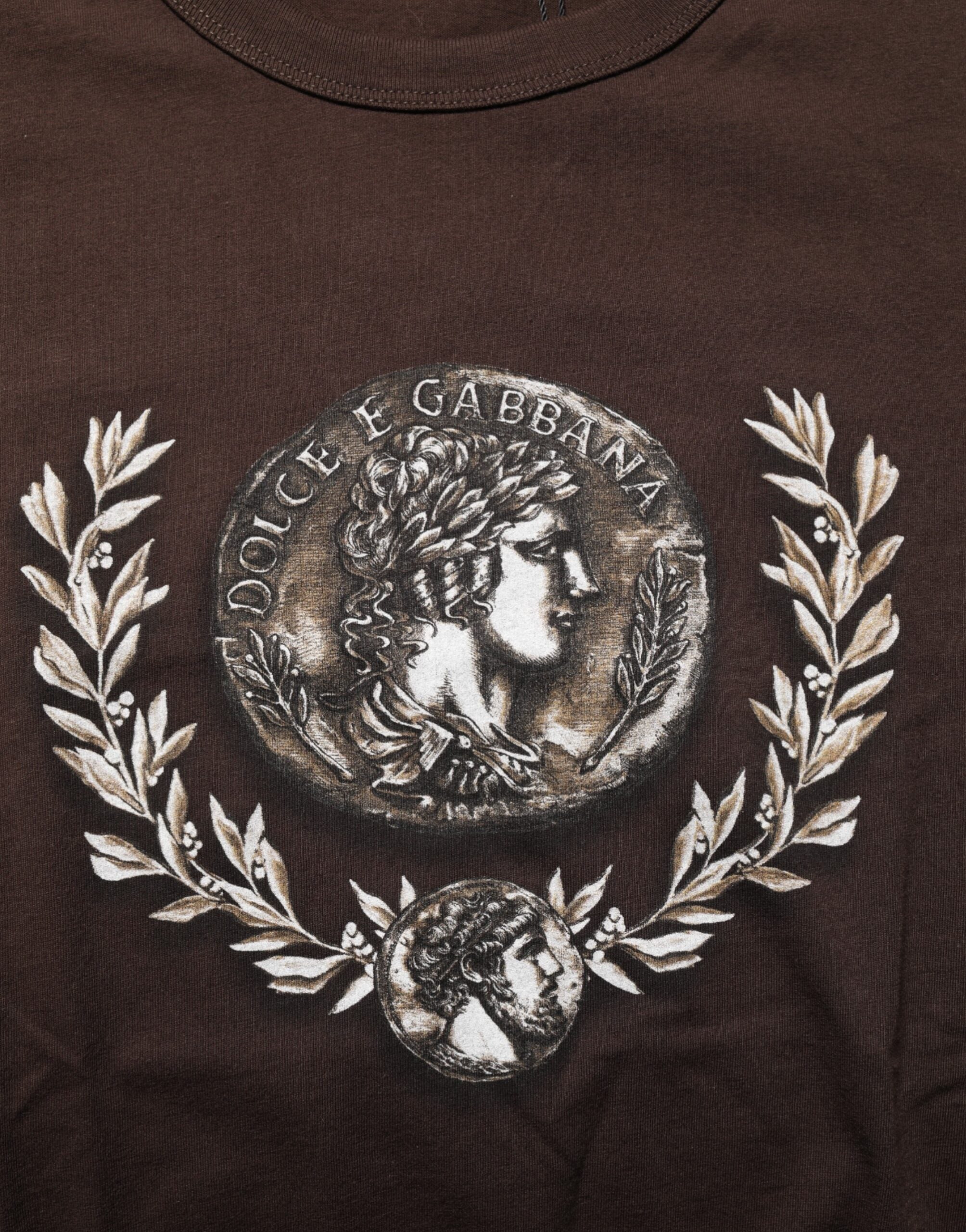 Dolce & Gabbana Braunes Münz-Lorbeer-T-Shirt mit Rundhalsausschnitt für Männer