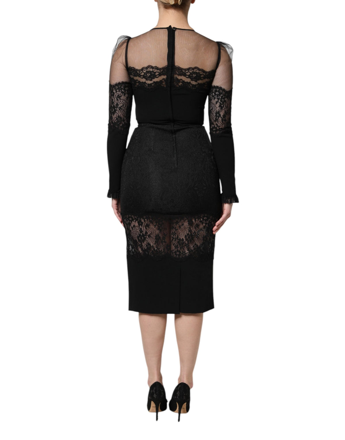 Dolce & Gabbana Schwarzes Spitzenbesetztes Nylon Tüll EtuikleidMidi Dress