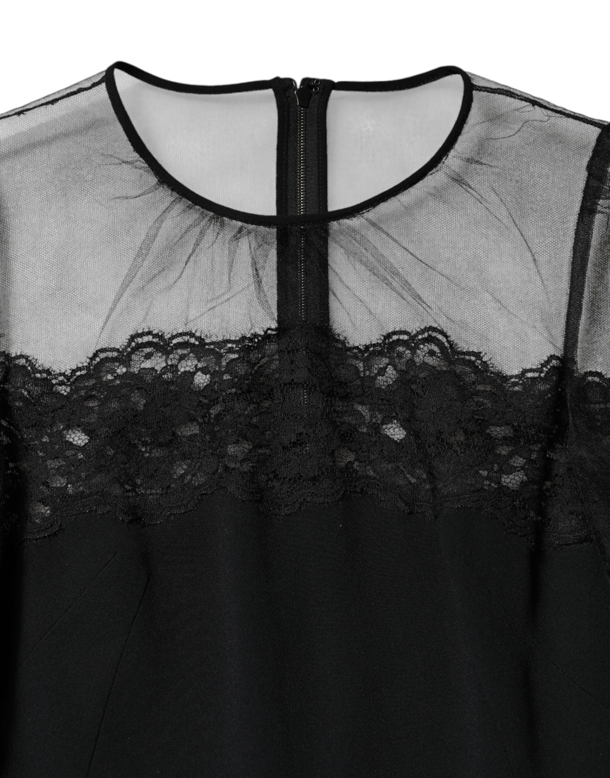 Dolce & Gabbana Schwarzes Spitzenbesetztes Nylon Tüll EtuikleidMidi Dress