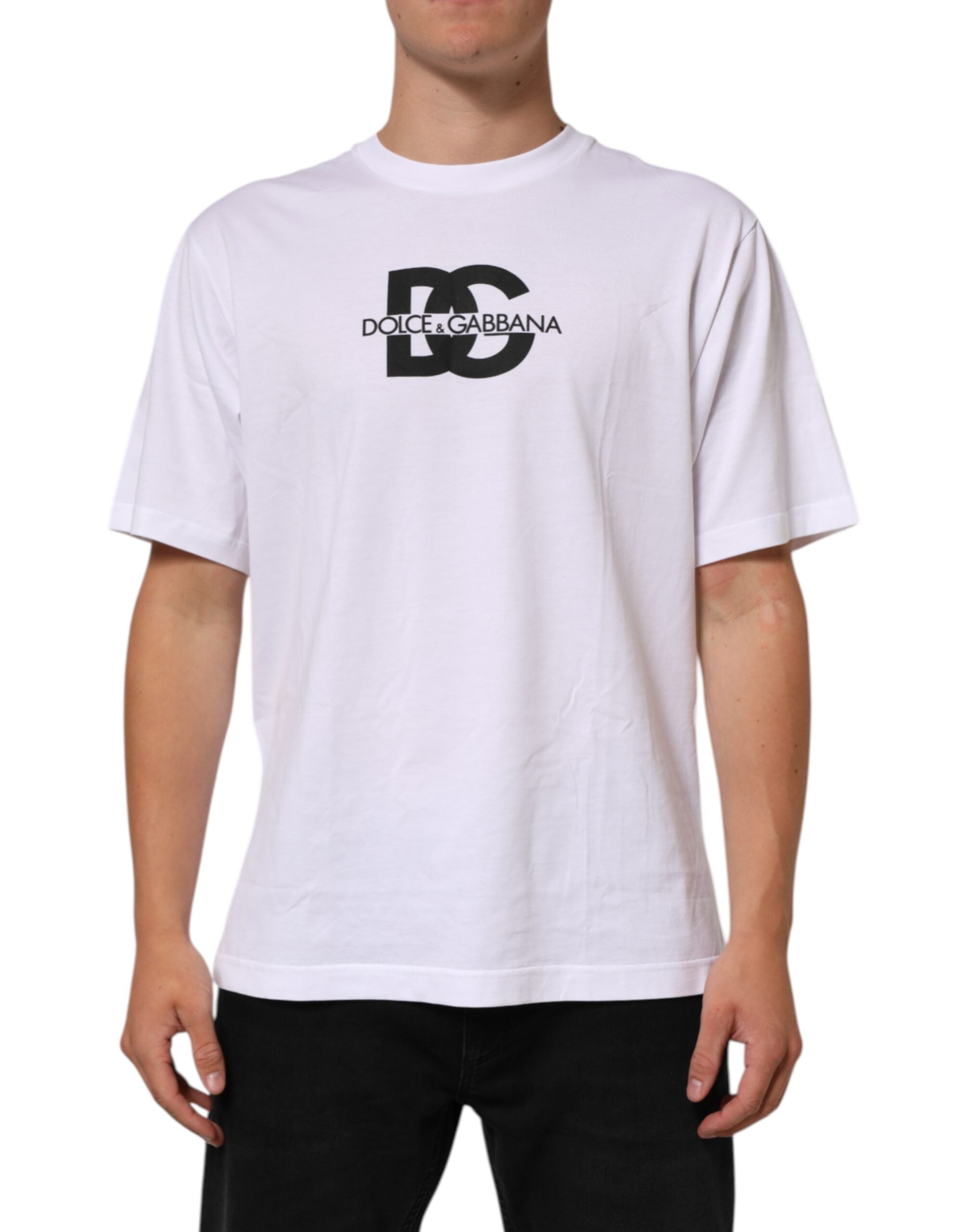 Dolce & Gabbana Weißes Logo Print Baumwolle Rundhalsausschnitt Männer T-Shirt