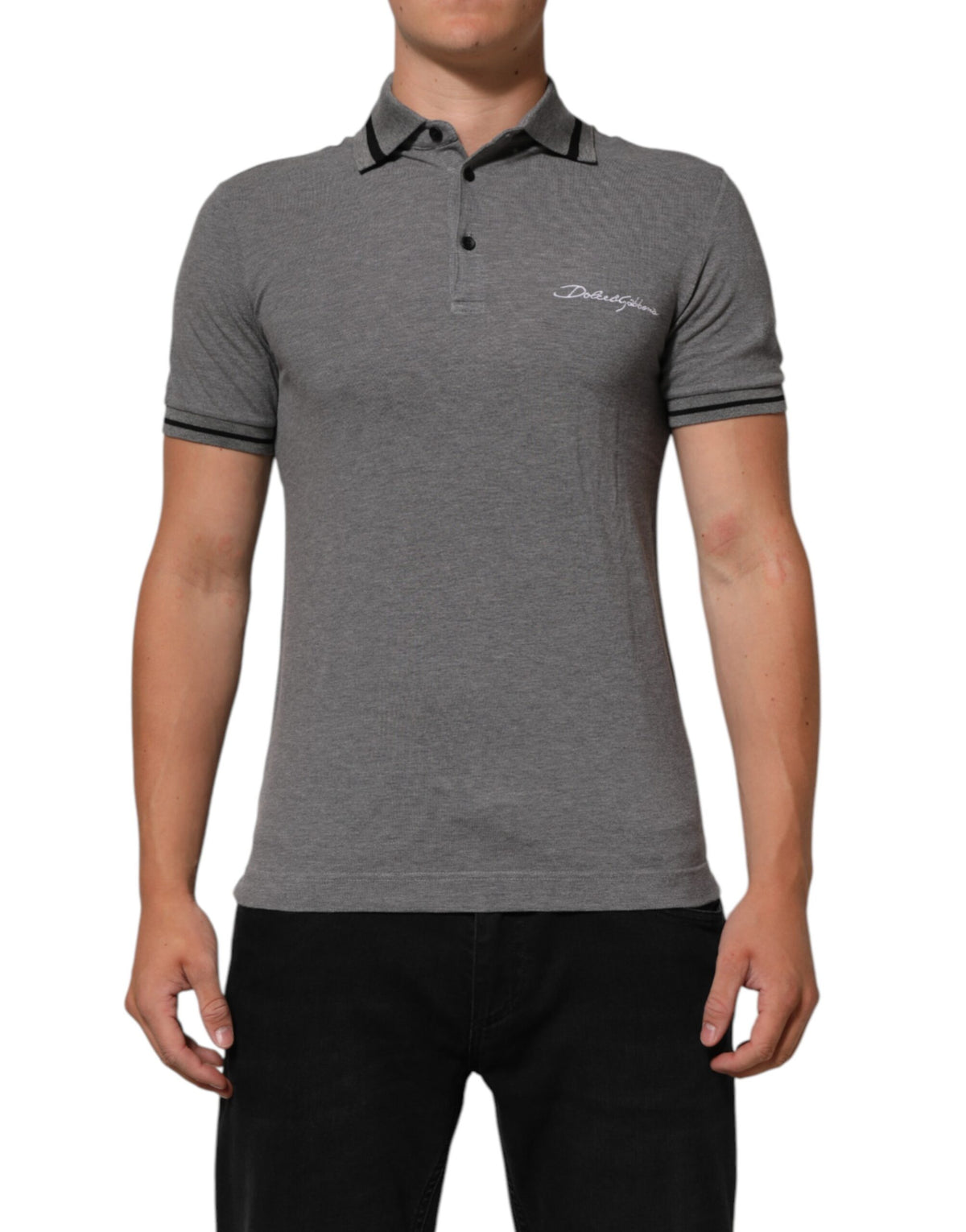 Dolce & Gabbana Graues Polo-T-Shirt mit Logo-Stickerei und Kragen