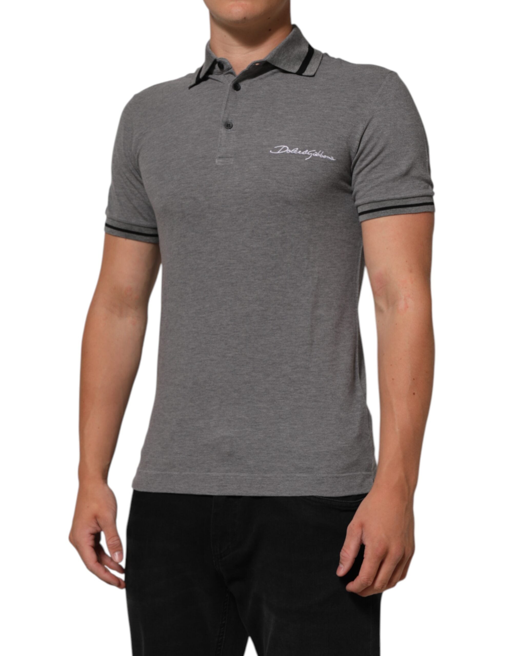 Dolce & Gabbana Graues Polo-T-Shirt mit Logo-Stickerei und Kragen