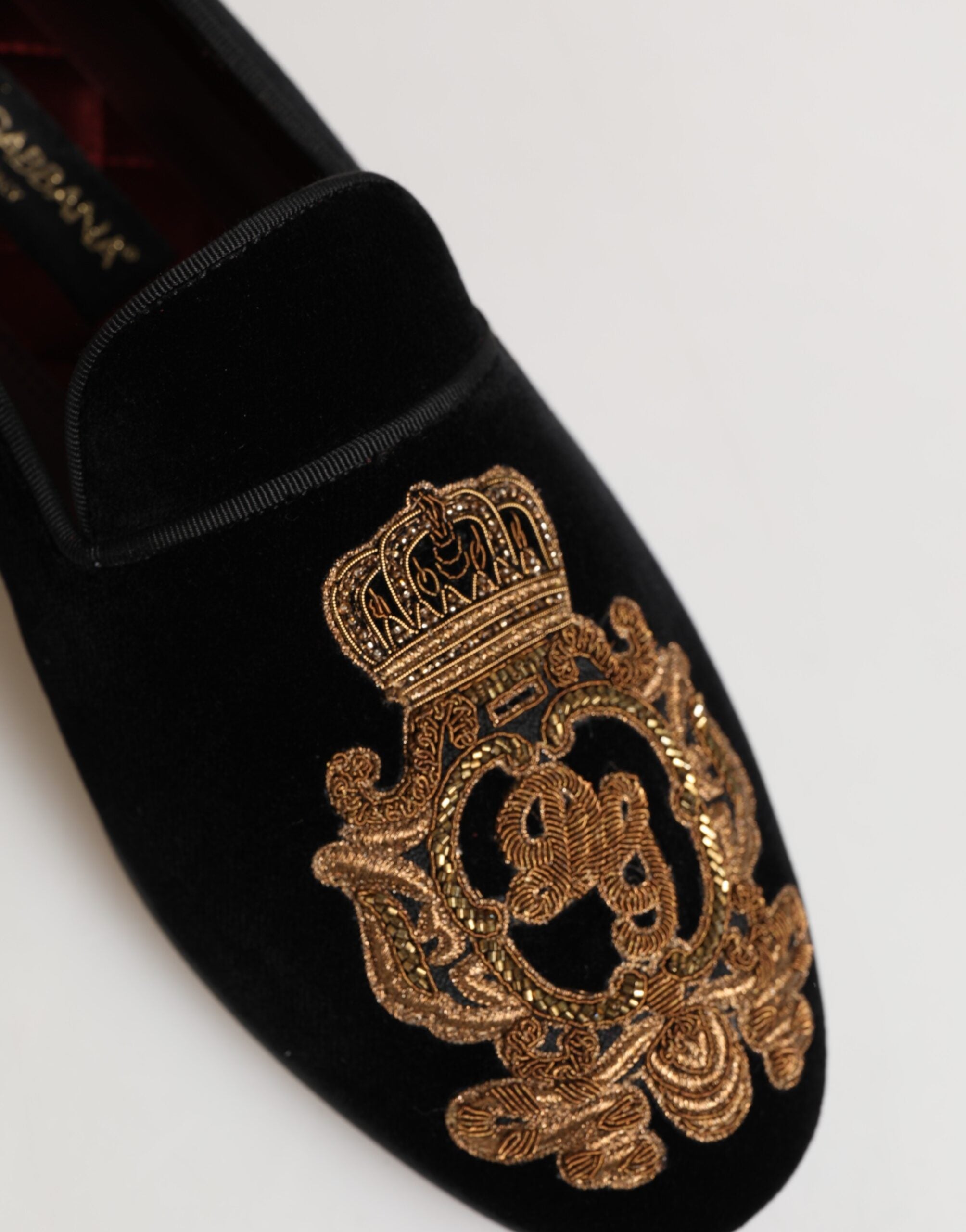 Dolce & Gabbana Schwarze Samt-Goldkrone Herren-Loafer