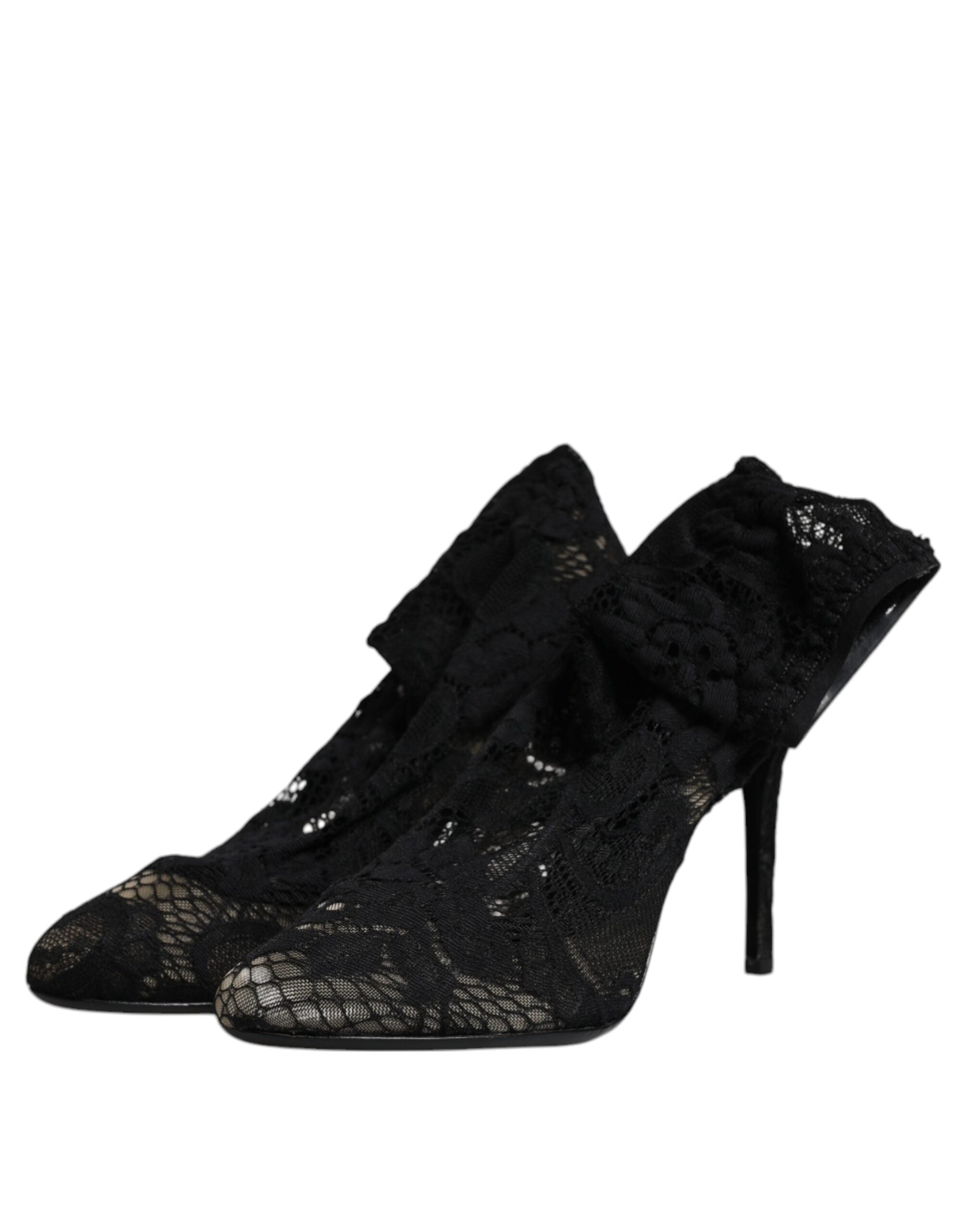 Dolce & Gabbana Schwarze Spitze Stretch Heels Mittlere Wadenstiefel Schuhe