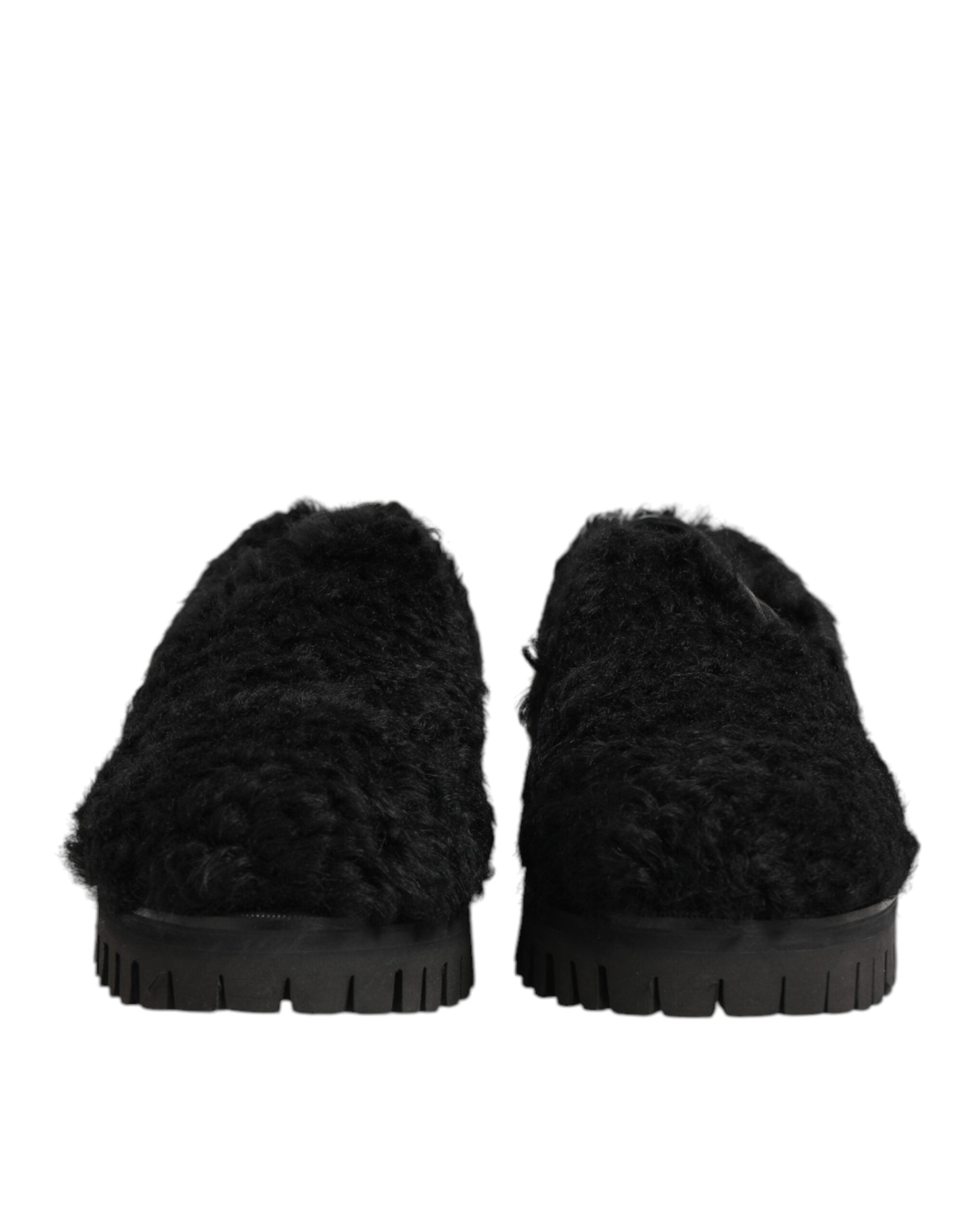 Dolce & Gabbana Kleid Schwarz Pelz Leder Hausschuhe Männer Schuhe