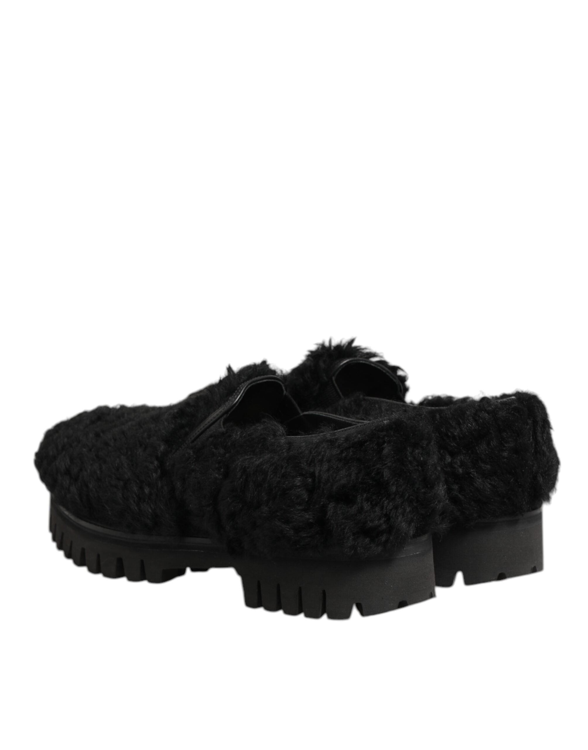 Dolce & Gabbana Kleid Schwarz Pelz Leder Hausschuhe Männer Schuhe