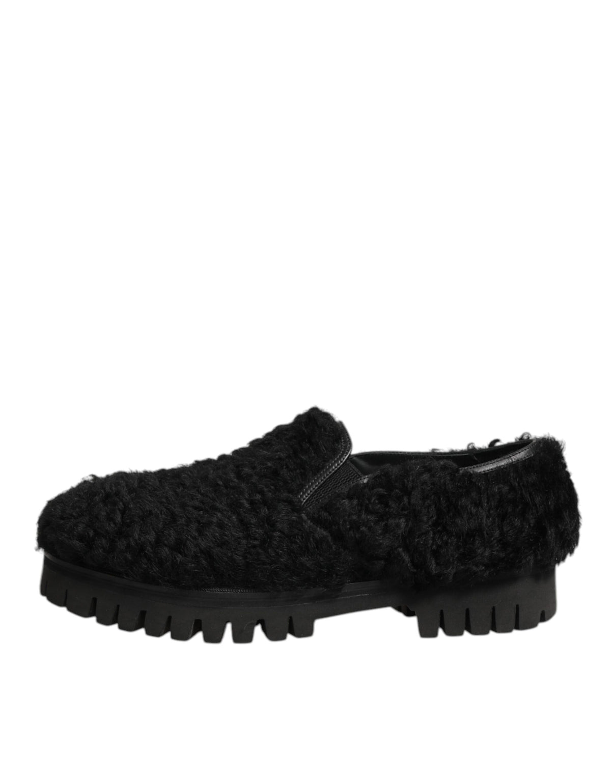 Dolce & Gabbana Kleid Schwarz Pelz Leder Hausschuhe Männer Schuhe
