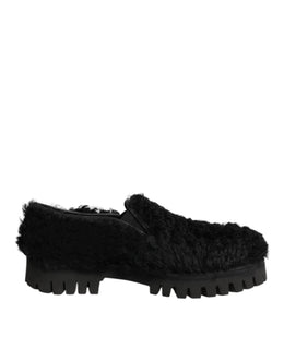 Dolce & Gabbana Kleid Schwarz Pelz Leder Hausschuhe Männer Schuhe