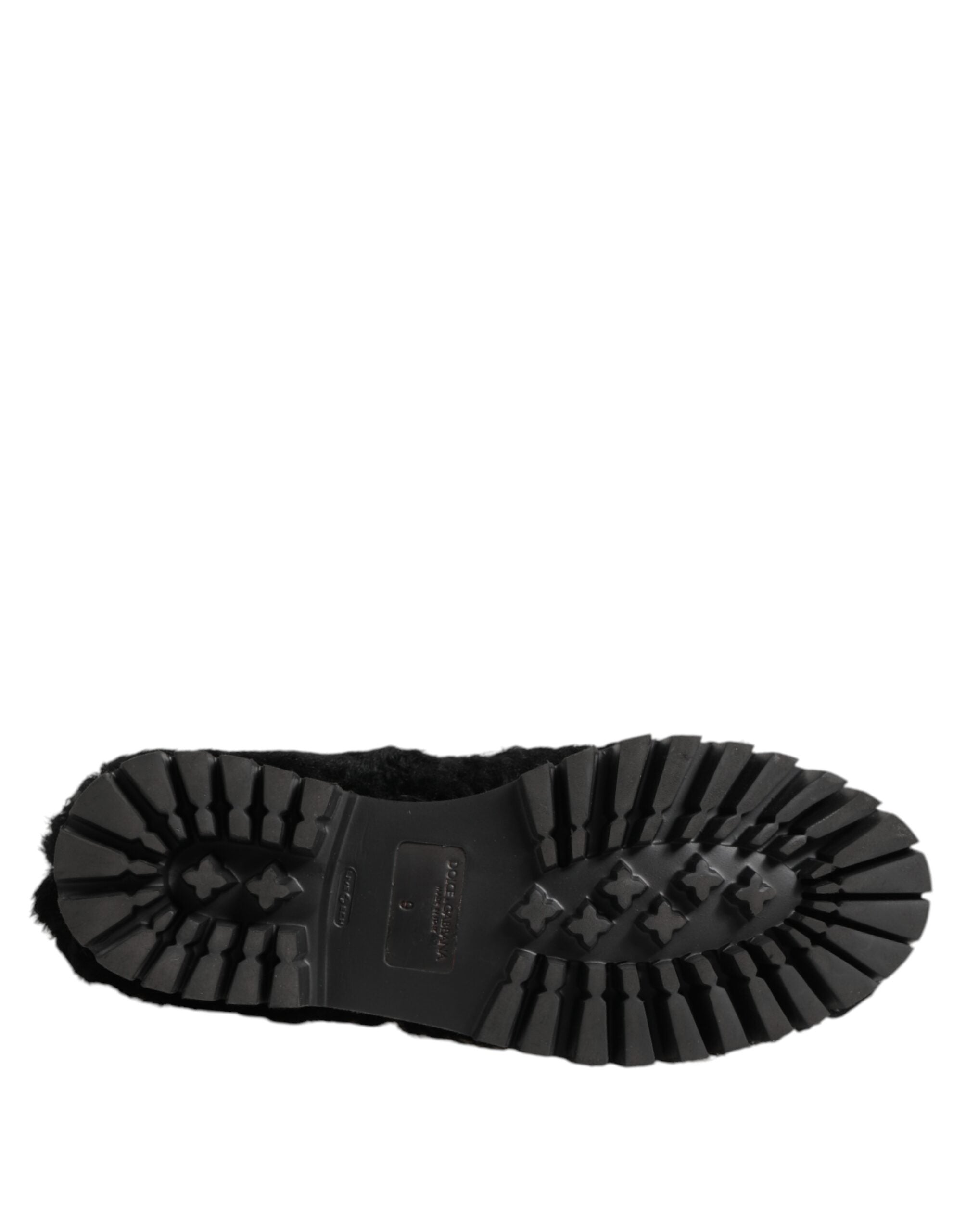 Dolce & Gabbana Kleid Schwarz Pelz Leder Hausschuhe Männer Schuhe