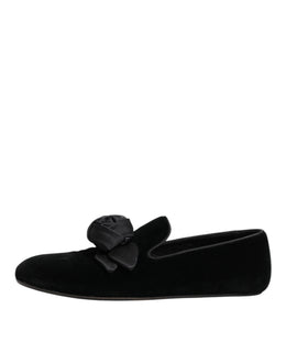 Dolce & Gabbana Schwarz Wildleder Baumwolle Rose Slip On Loafers Schuhe