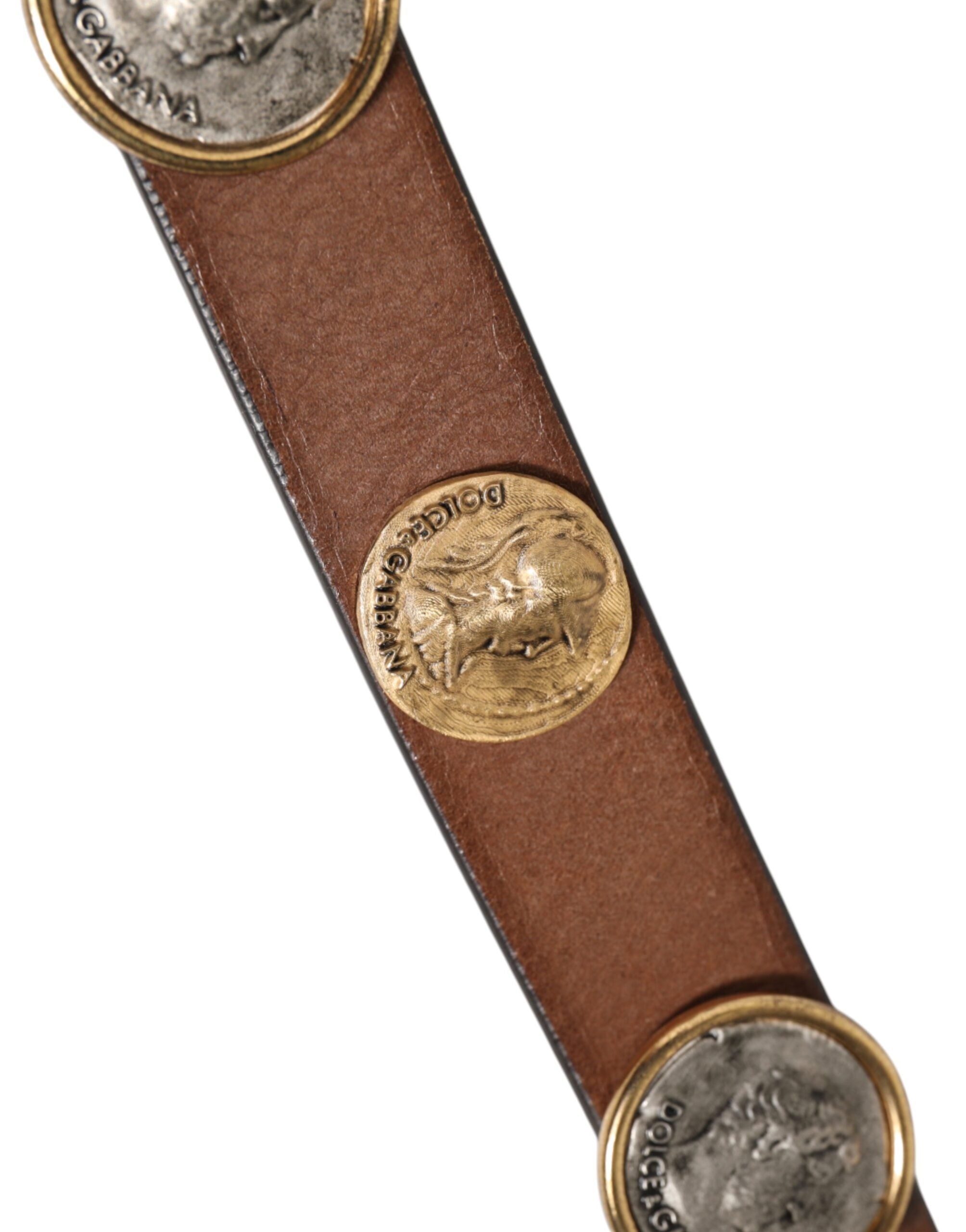 Dolce & Gabbana Braunes Leder Gold Silber Münze Schnalle Gürtel