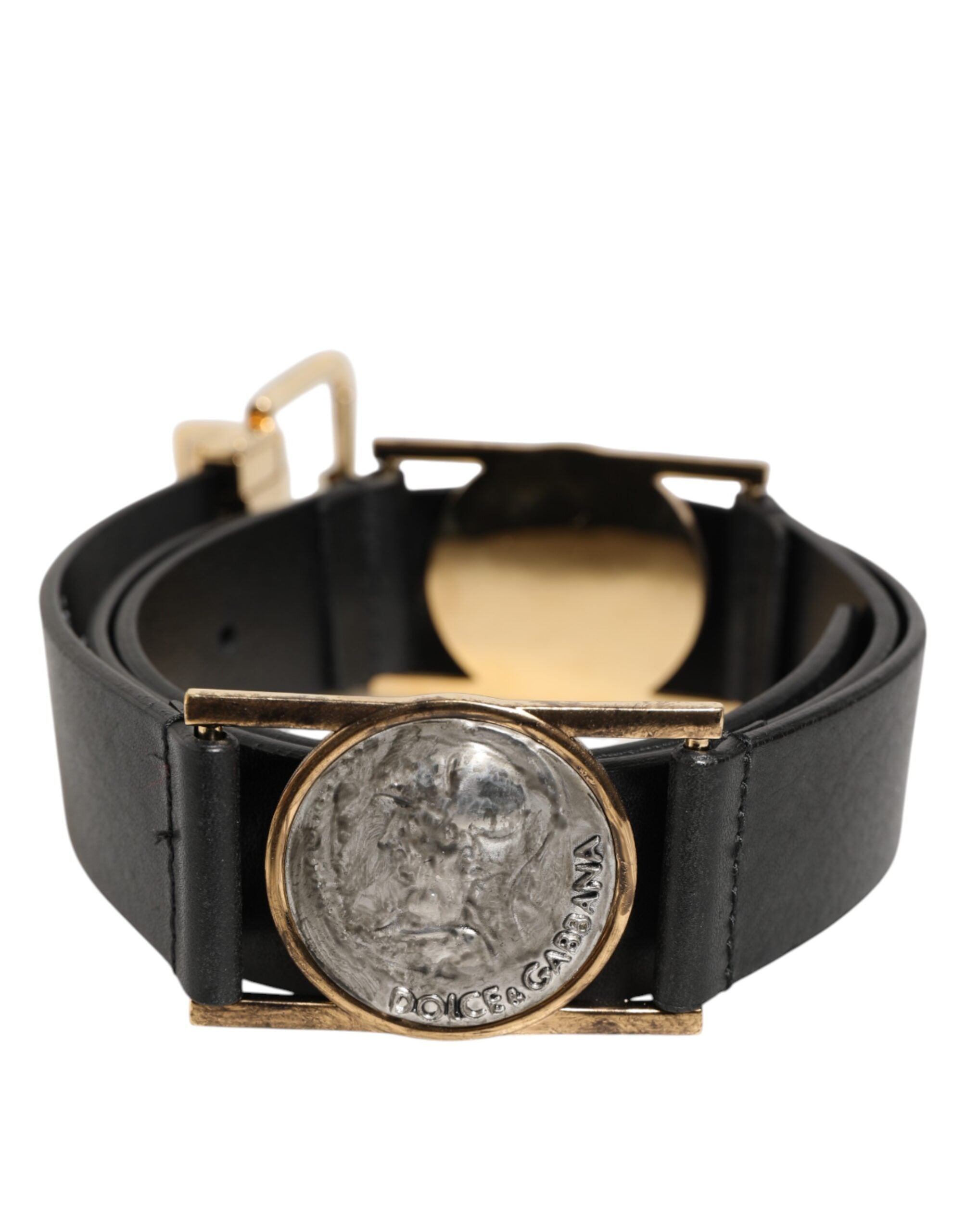 Dolce & Gabbana Schwarzes Leder Gold Silber Münze Schnalle Gürtel