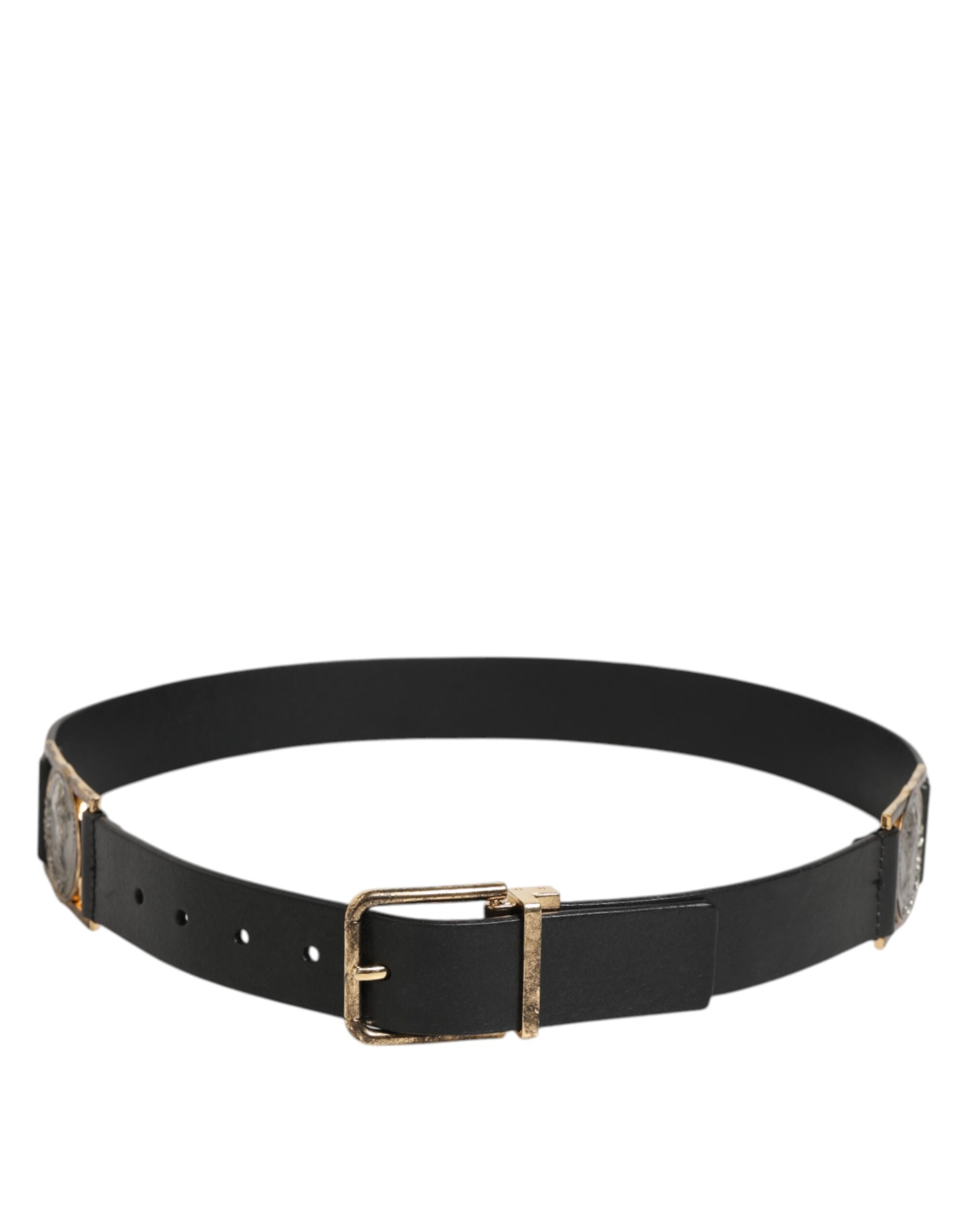 Dolce & Gabbana Schwarzes Leder Gold Silber Münze Schnalle Gürtel