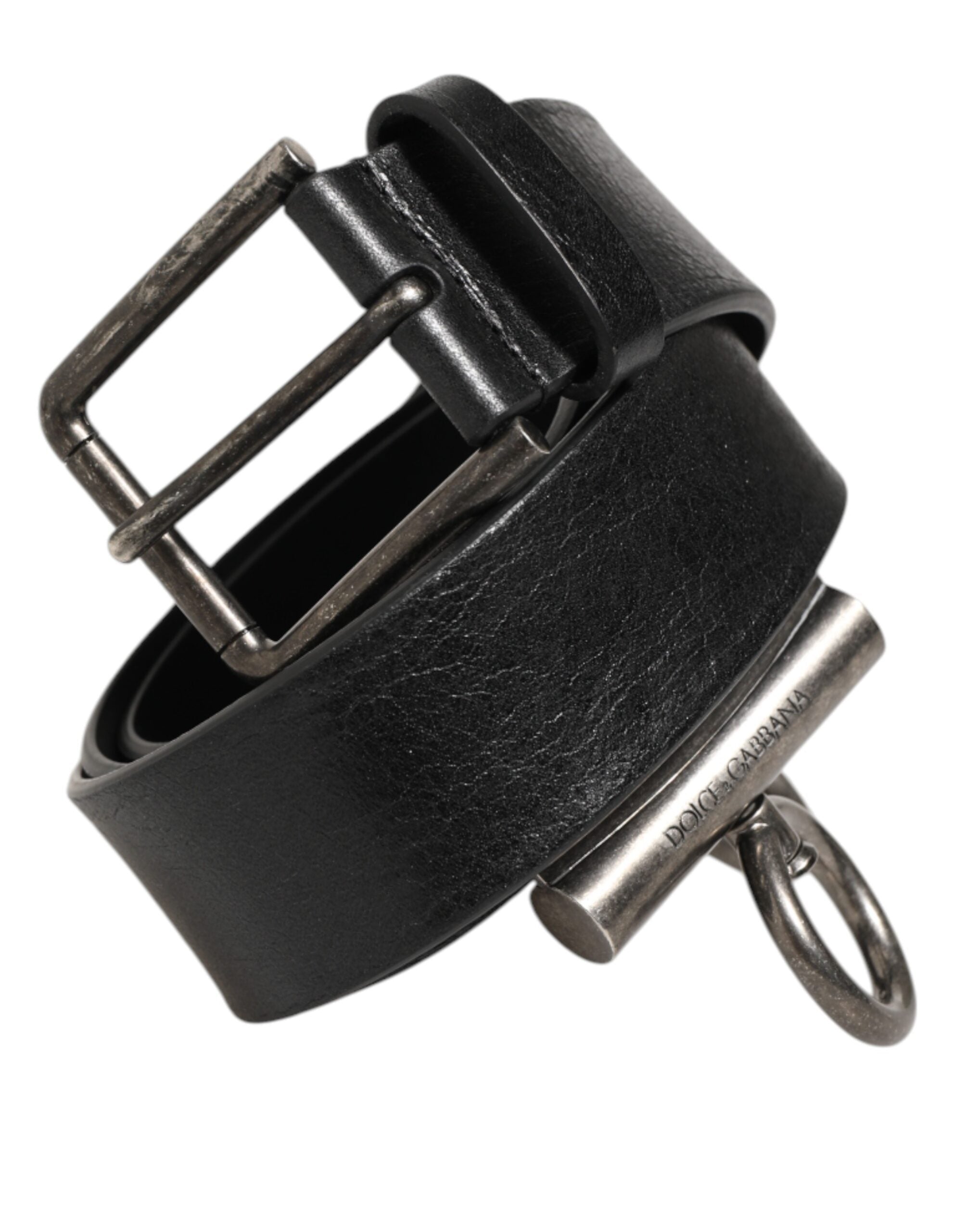 Dolce & Gabbana Schwarzes Leder Seite Ringe Messing Schnalle Gürtel