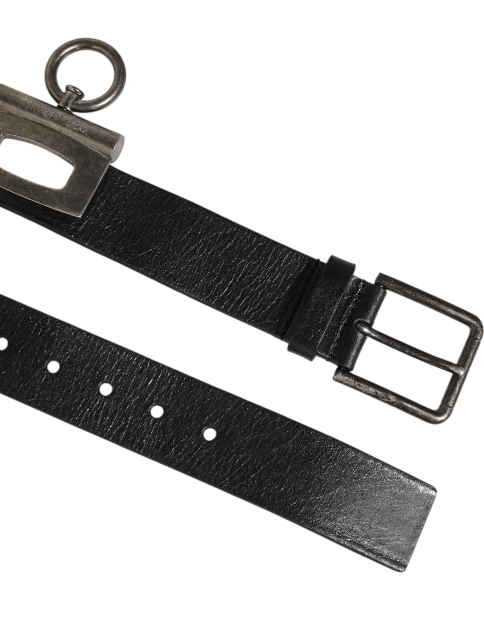 Dolce & Gabbana Schwarzes Leder Seite Ringe Messing Schnalle Gürtel