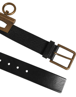 Dolce & Gabbana Schwarzes Leder Seite Ringe Messing Schnalle Gürtel