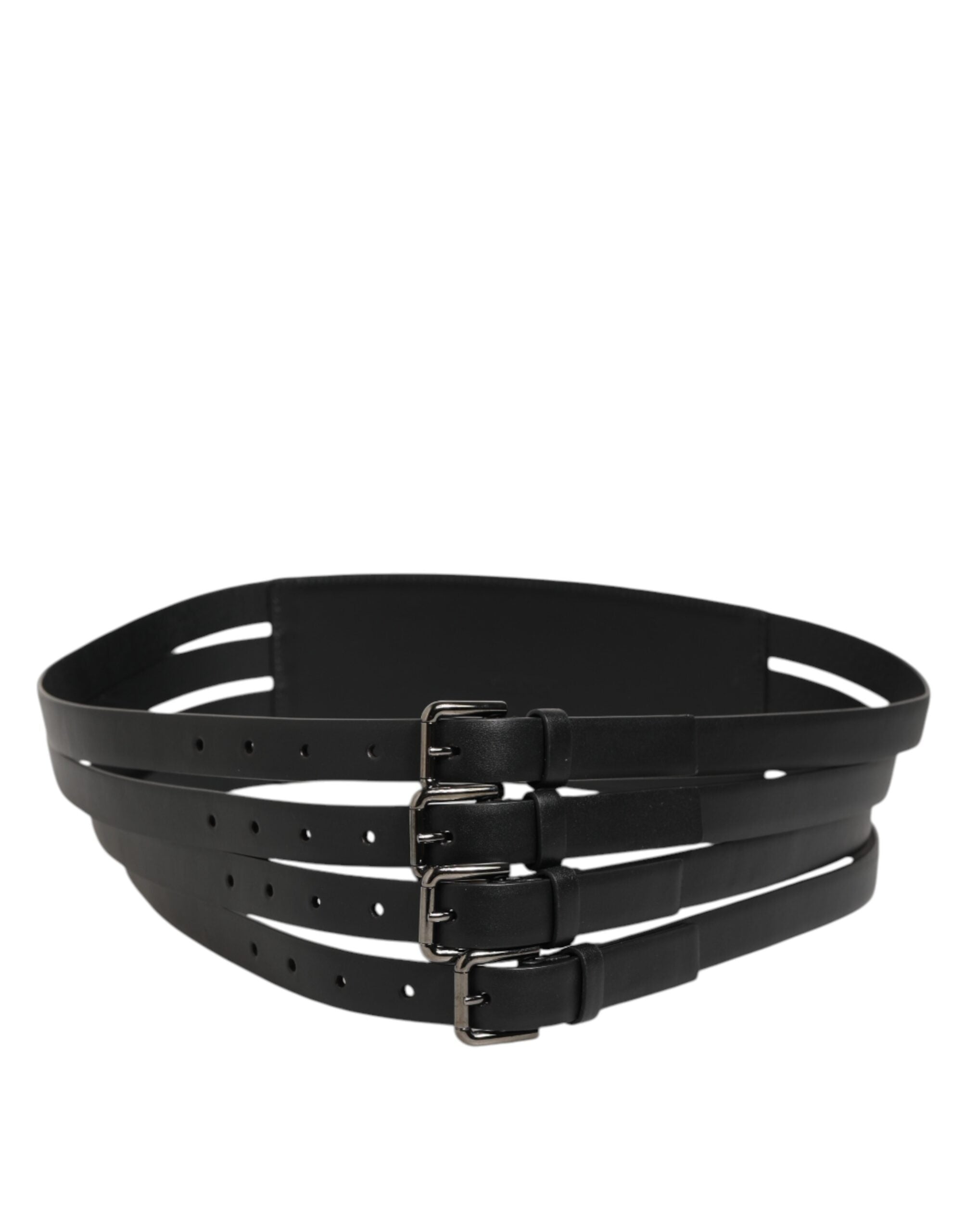 Dolce & Gabbana Schwarzer Leder-4-Riemen-Metall-Gürtel mit mehreren Schnallen