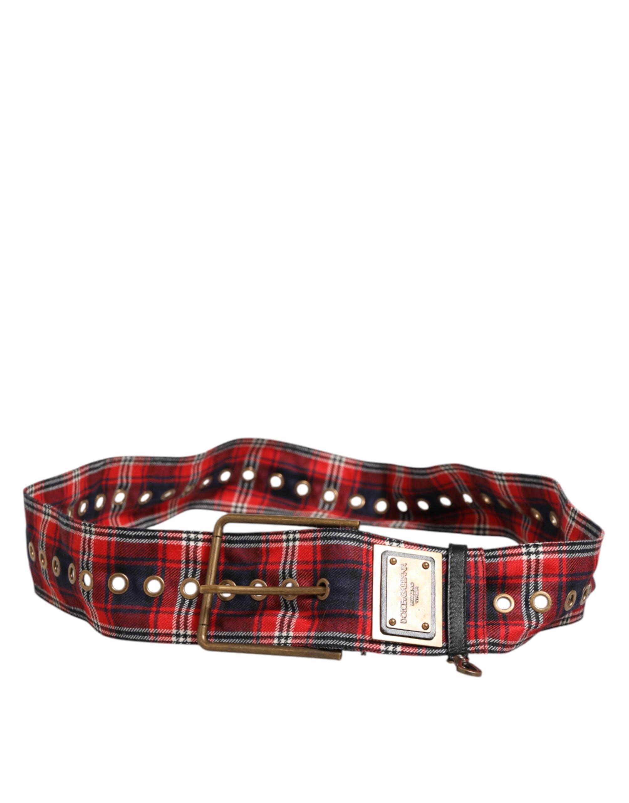 Dolce & Gabbana Rot karierter Stoff Logo Platte Messing Schnalle Gürtel