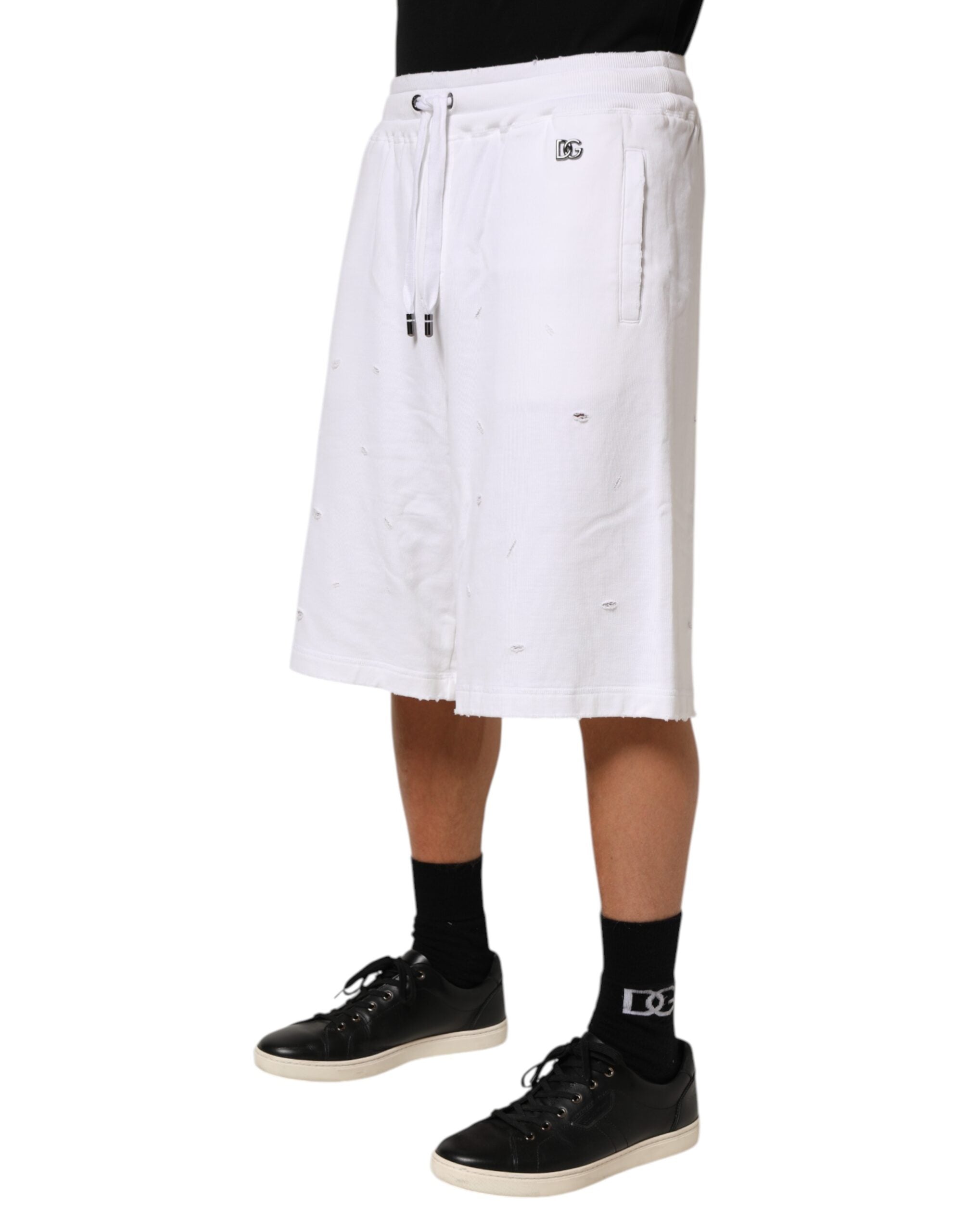 Dolce & Gabbana Weiße Bermuda-Sweatpants aus Baumwolle mit Rissen Shorts