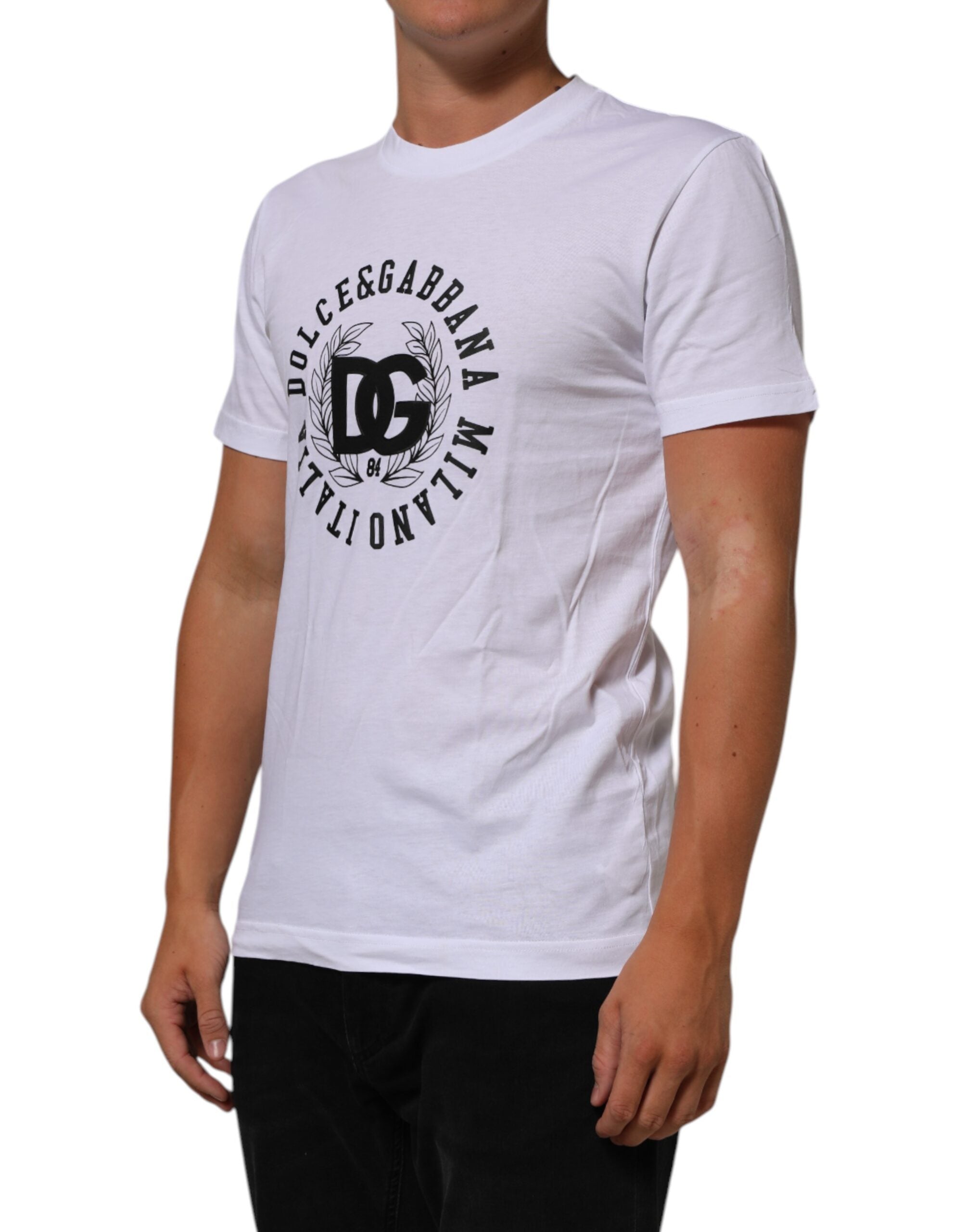 Dolce & Gabbana Weißes T-Shirt mit Rundhalsausschnitt und Logodruck aus Baumwolle