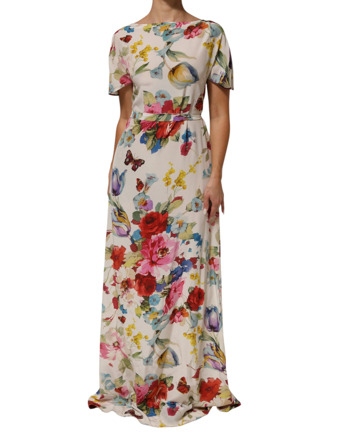 Dolce & Gabbana Weißes Seidenmantelkleid mit Blumenmuster und langem Kleid