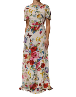 Dolce & Gabbana Weißes Seidenmantelkleid mit Blumenmuster und langem Kleid