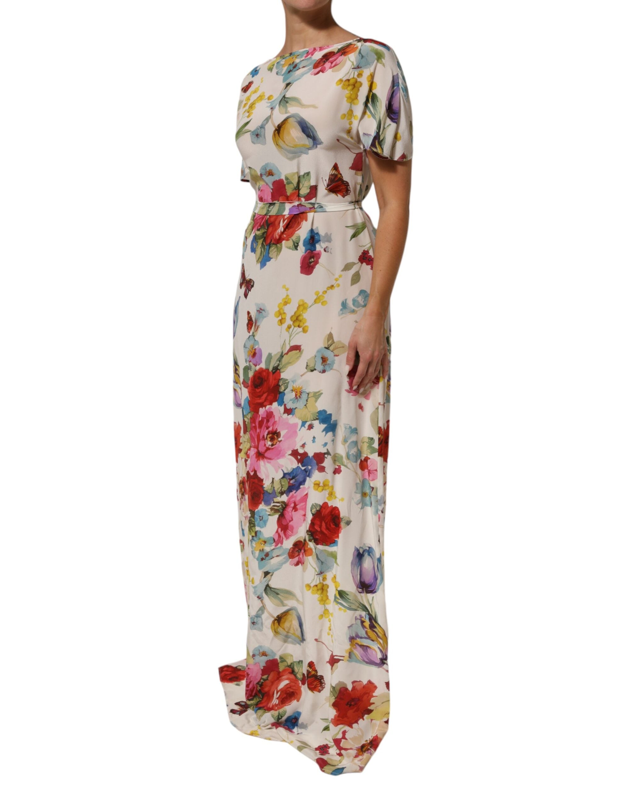 Dolce & Gabbana Weißes Seidenmantelkleid mit Blumenmuster und langem Kleid
