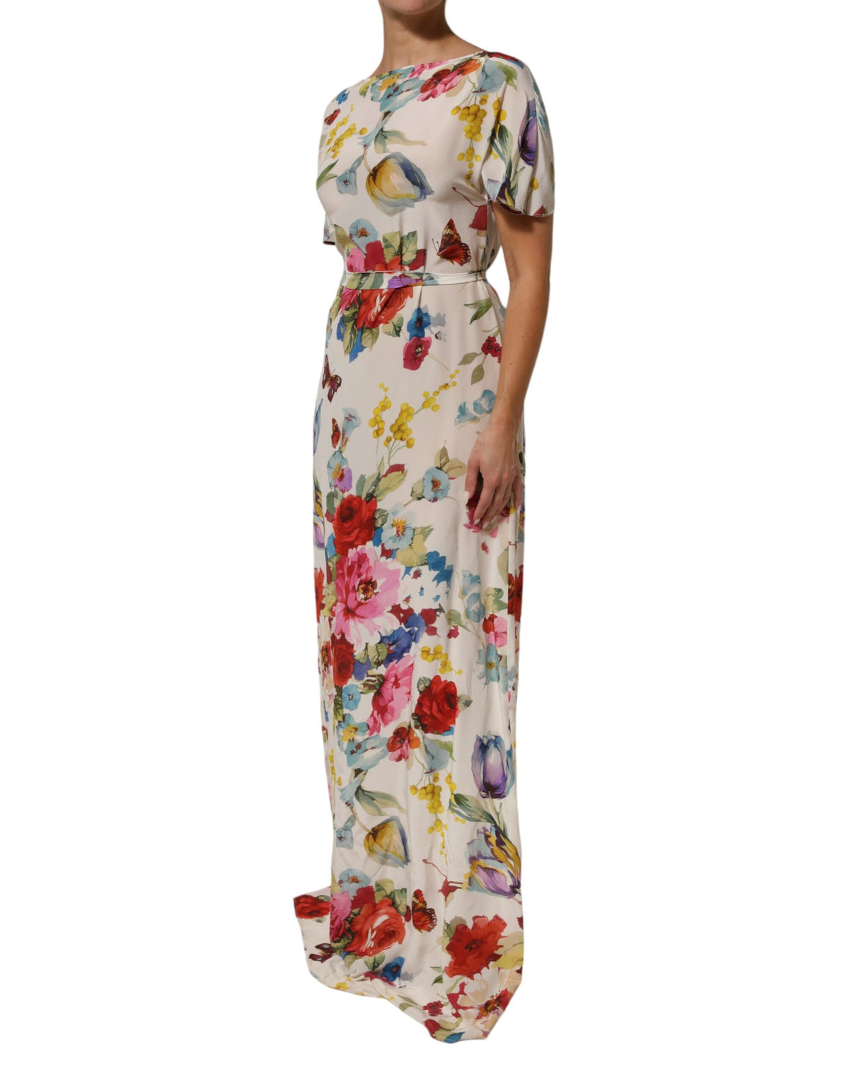 Dolce & Gabbana Weißes Seidenmantelkleid mit Blumenmuster und langem Kleid