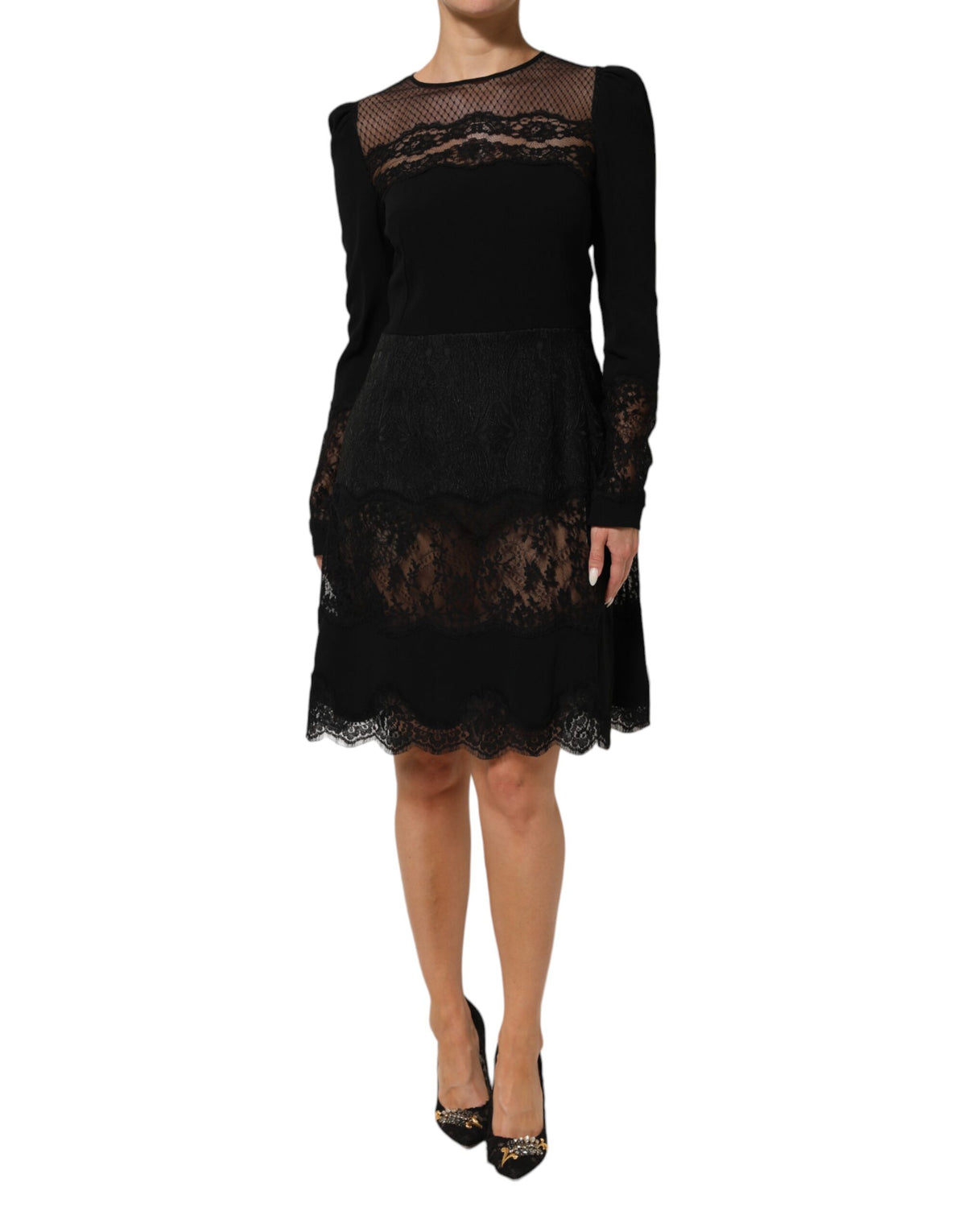 Dolce & Gabbana Schwarzes geblümtes Kleid mit Spitzenbesatz in A-Linie