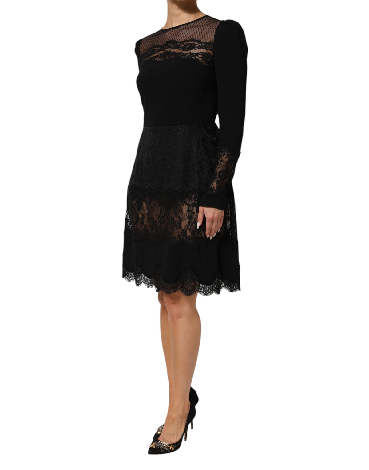 Dolce & Gabbana Schwarzes geblümtes Kleid mit Spitzenbesatz in A-Linie