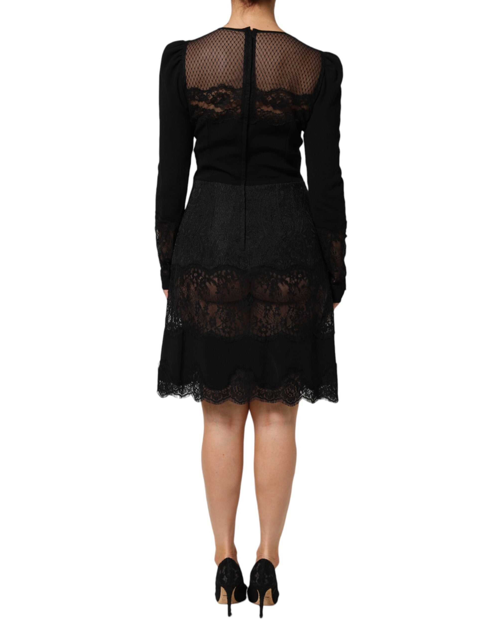 Dolce & Gabbana Schwarzes geblümtes Kleid mit Spitzenbesatz in A-Linie