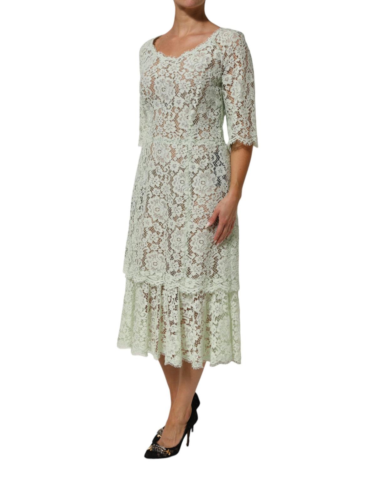 Dolce & Gabbana Mintgrünes Midikleid mit Blumenmuster und Spitzenbesatz