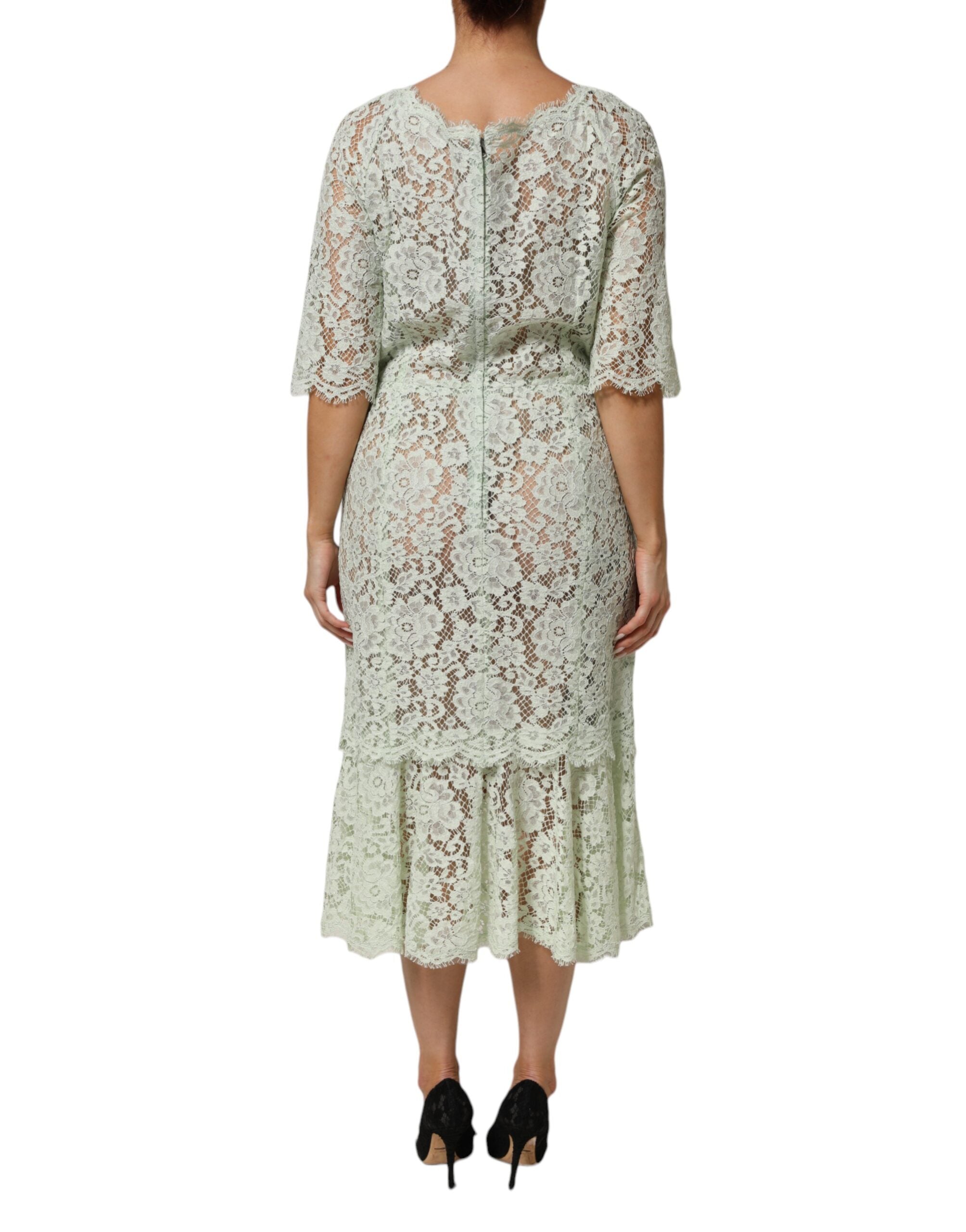 Dolce & Gabbana Mintgrünes Midikleid mit Blumenmuster und Spitzenbesatz
