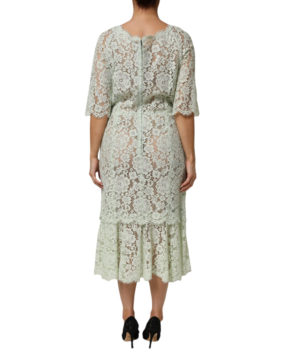 Dolce & Gabbana Mintgrünes Midikleid mit Blumenmuster und Spitzenbesatz