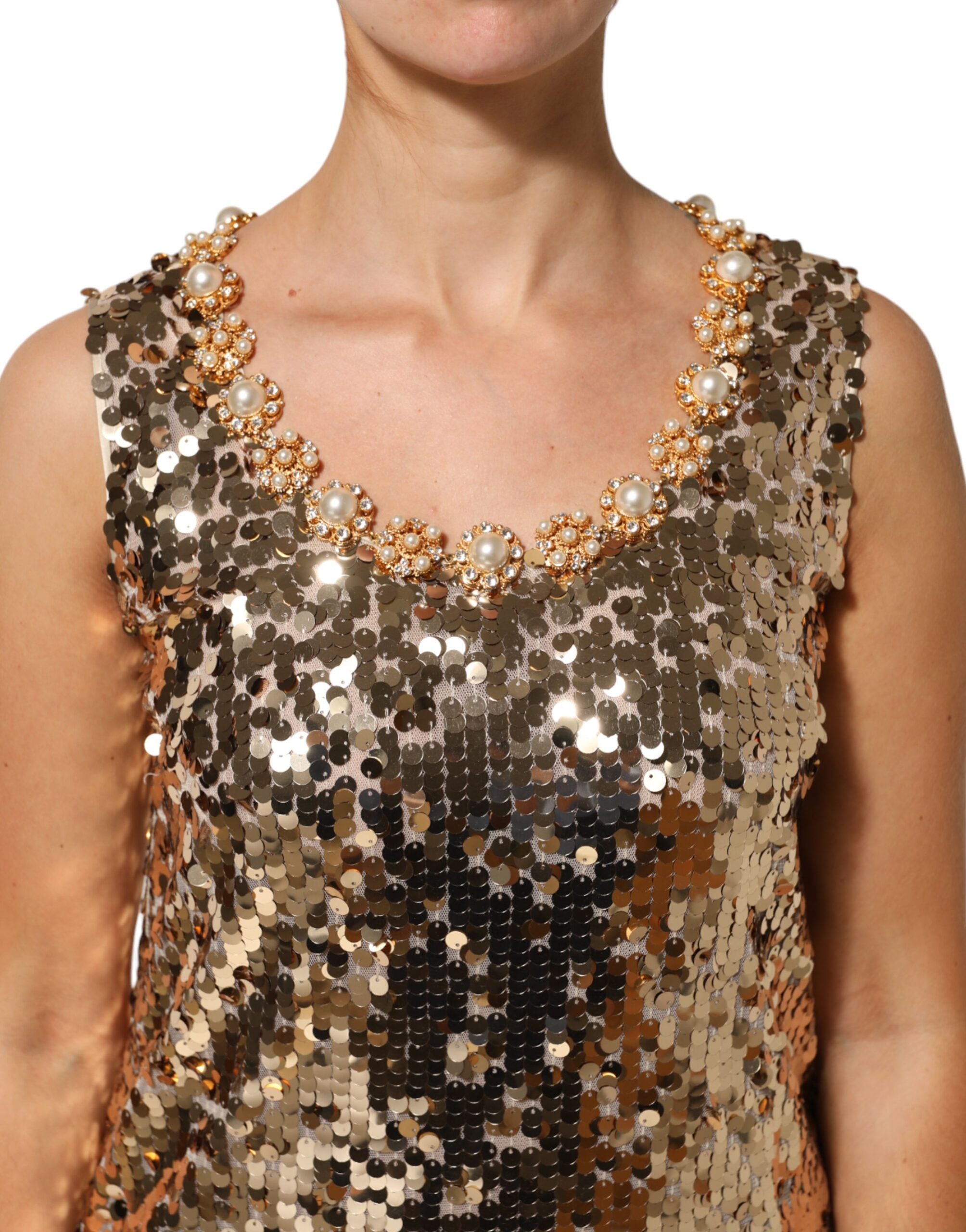 Dolce & Gabbana Goldfarbenes paillettenbesetztes Nylon-Minikleid in A-Linie