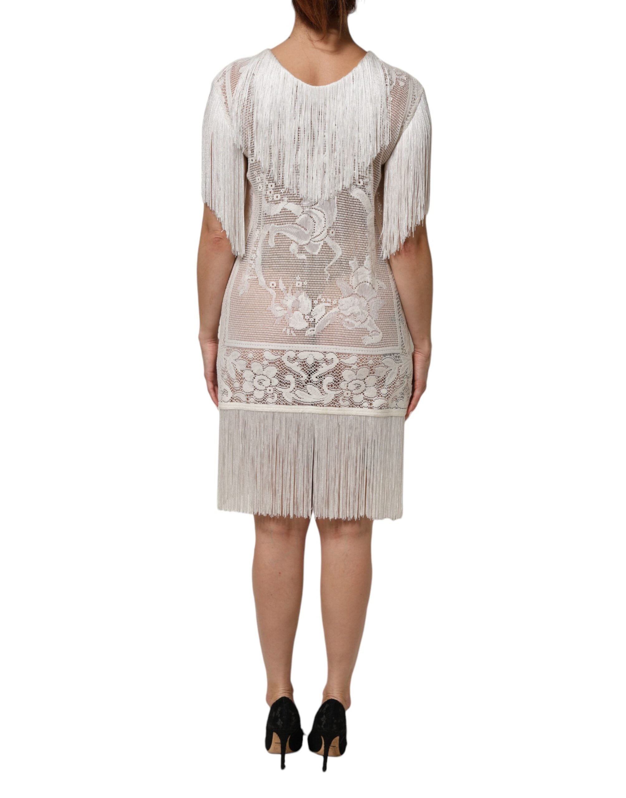 Dolce & Gabbana Weißes knielanges Kleid aus floraler Spitze mit Fransen