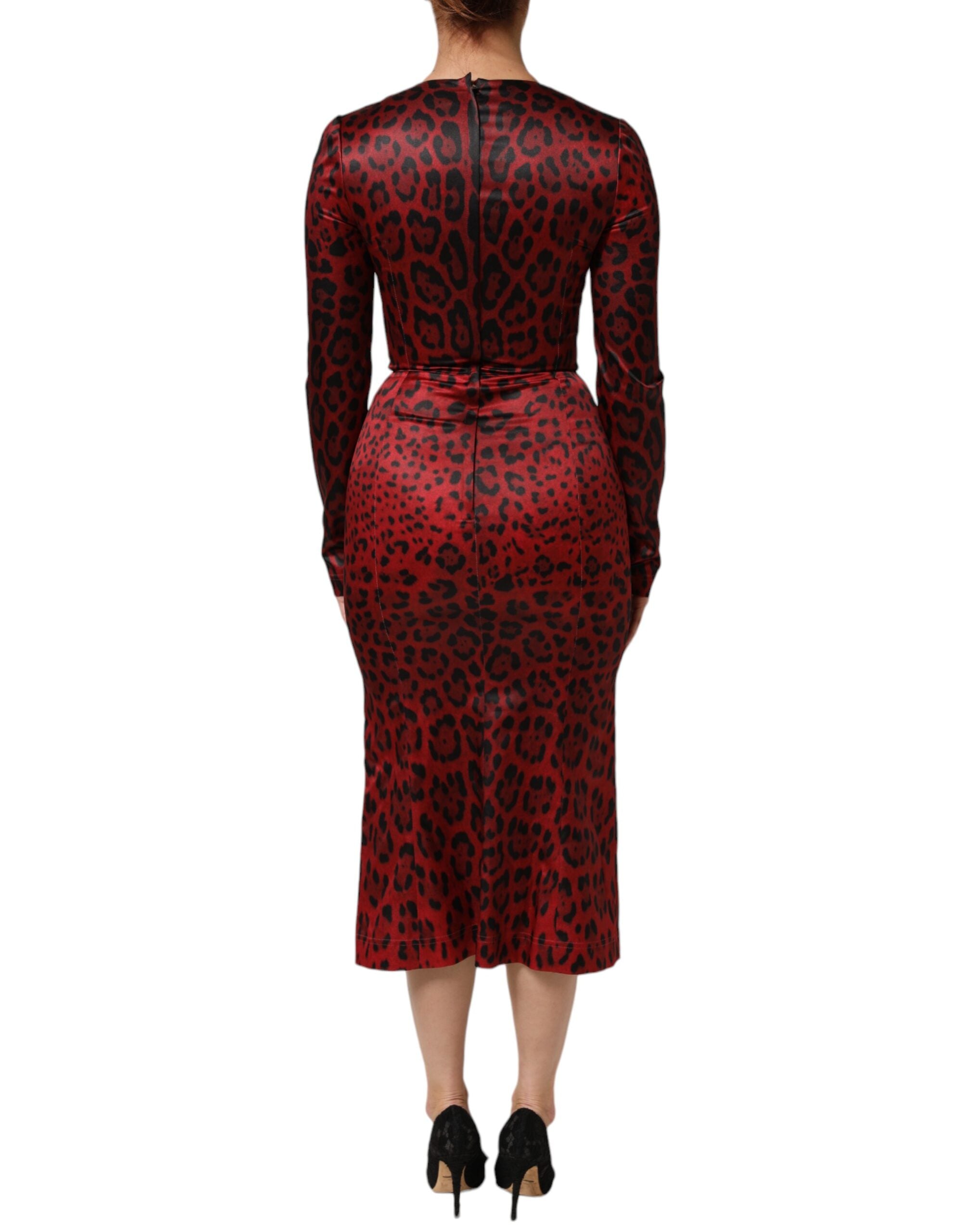 Dolce & Gabbana Rotes Leopard Etuikleid mit langen Ärmeln