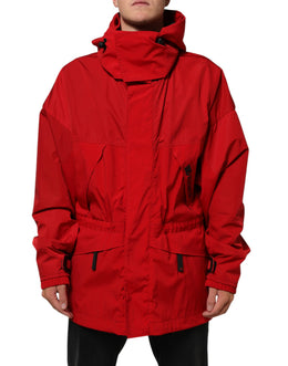 Dolce & Gabbana Rote Nylon Kapuzen-Parka-Jacke für Männer mit Reißverschluss