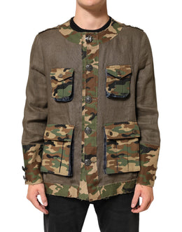 Dolce & Gabbana Braune Camouflage Leinenjacke mit Knopfleiste
