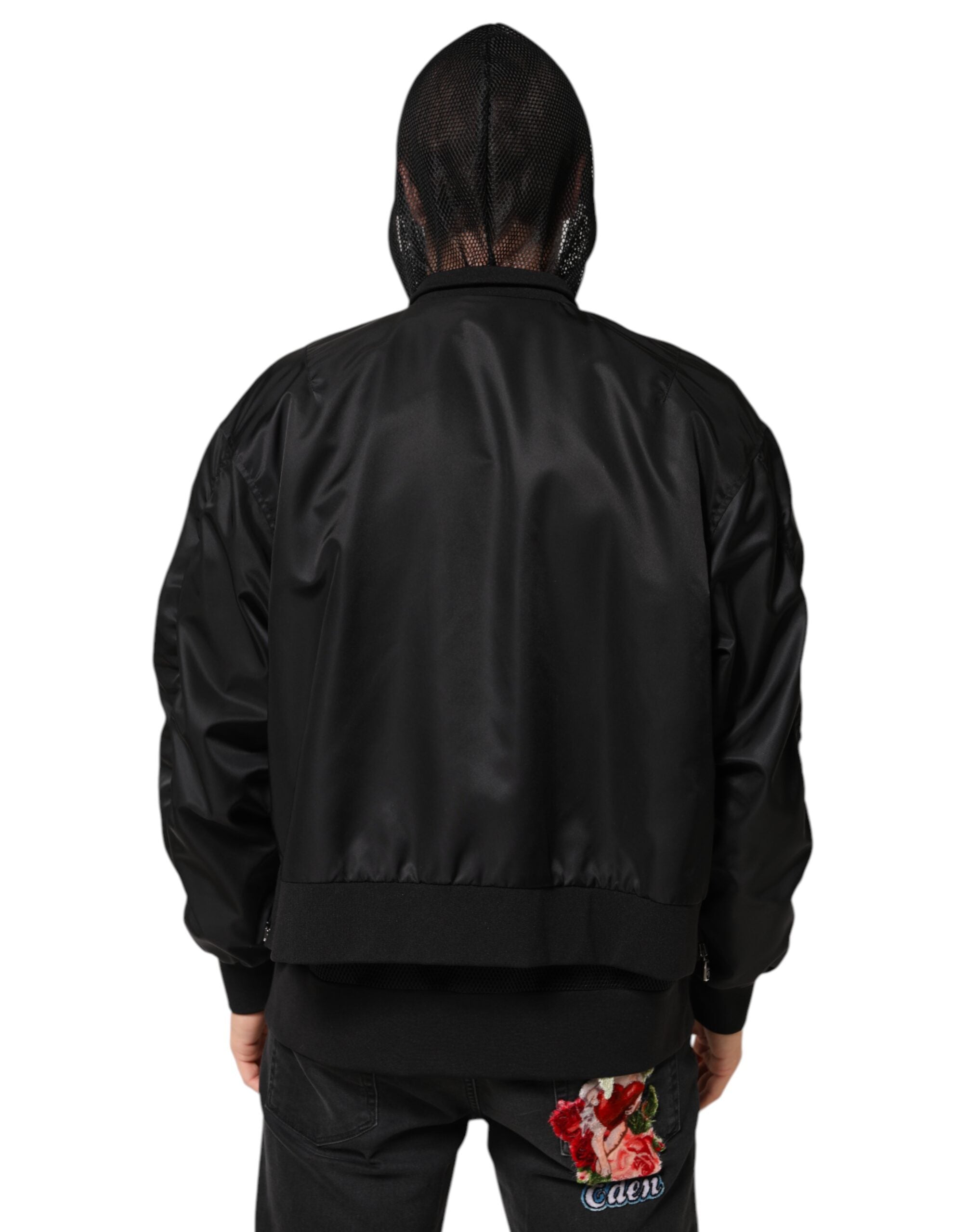 Dolce & Gabbana Schwarze Nylon Bomberjacke mit Kapuze und Reißverschluss für Männer