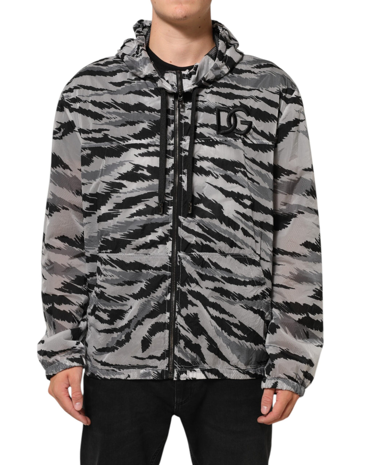 Dolce & Gabbana Graue Sweatshirt-Jacke mit Tarnmuster und Kapuze