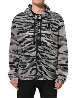 Dolce & Gabbana Graue Sweatshirt-Jacke mit Tarnmuster und Kapuze