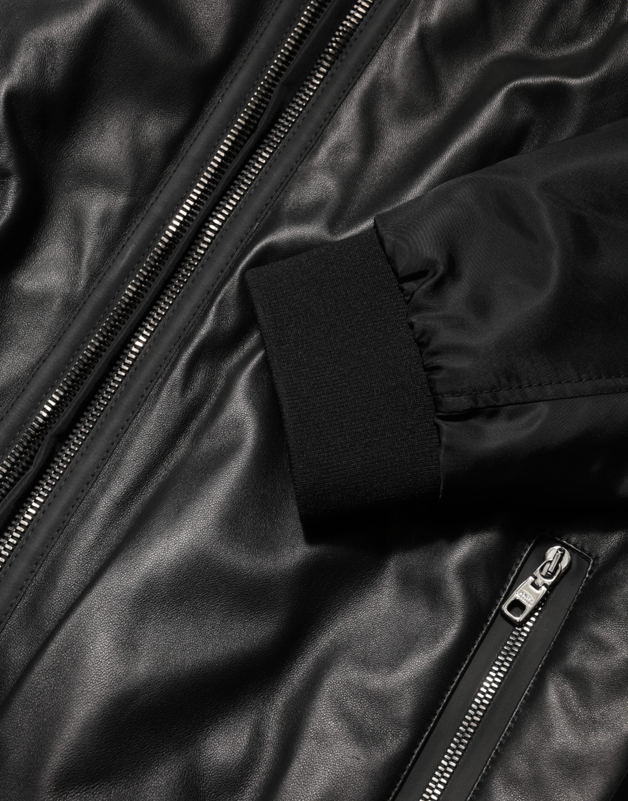 Dolce & Gabbana Schwarzes Leder Nylon FullZip Blouson Jacke