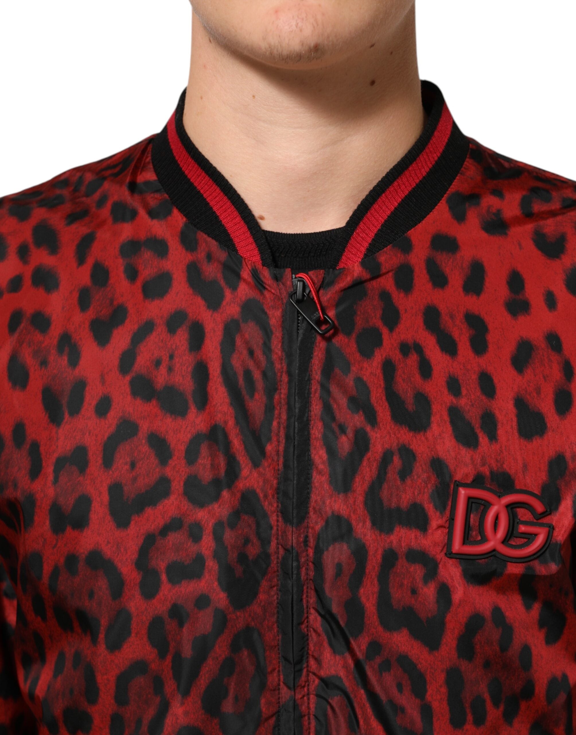 Dolce & Gabbana Rote Leopard Print Bomber Männer Jacke mit Reißverschluss