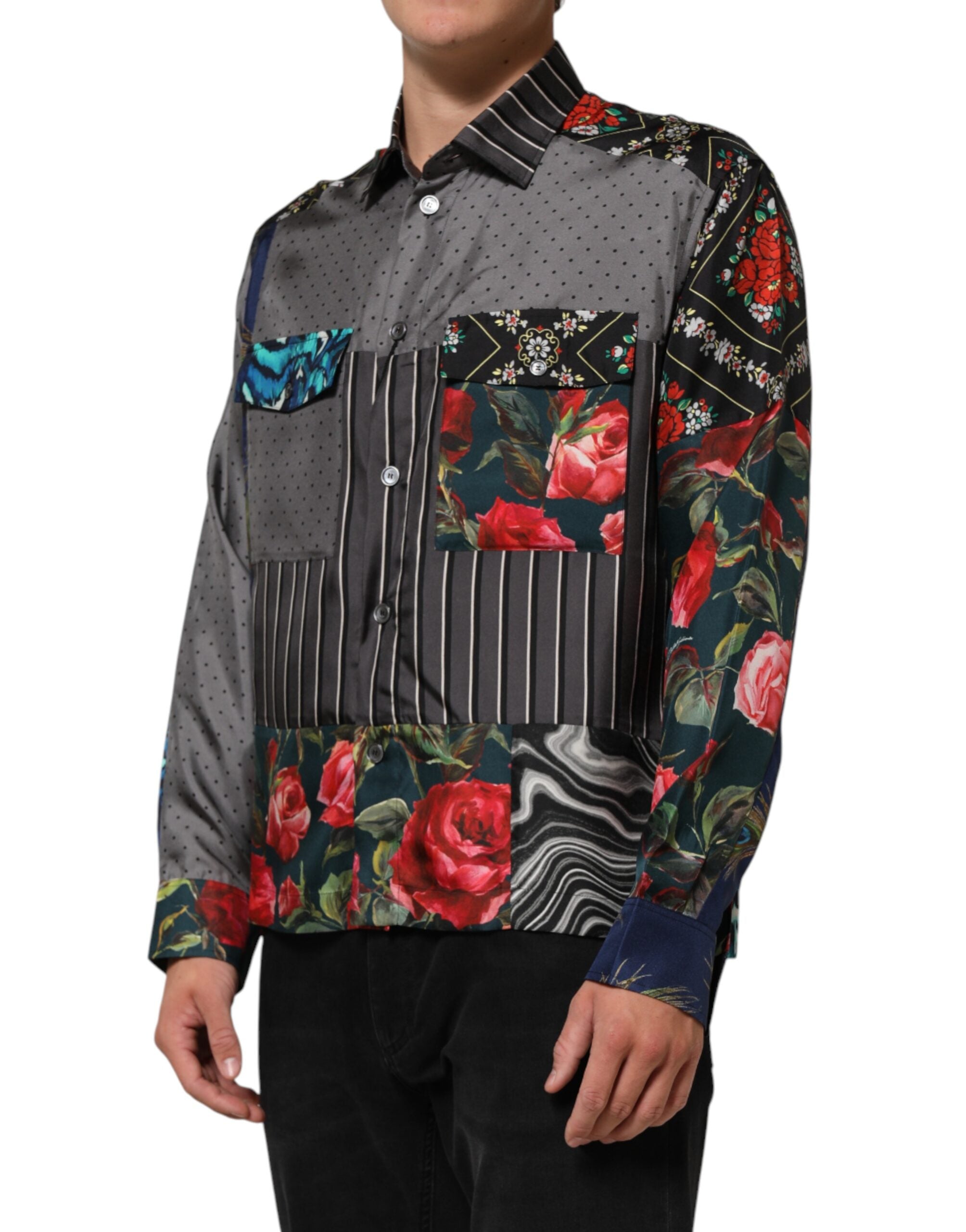 Dolce & Gabbana Hemd mit langen Ärmeln aus Seide im Multicolor-Patchwork-Design