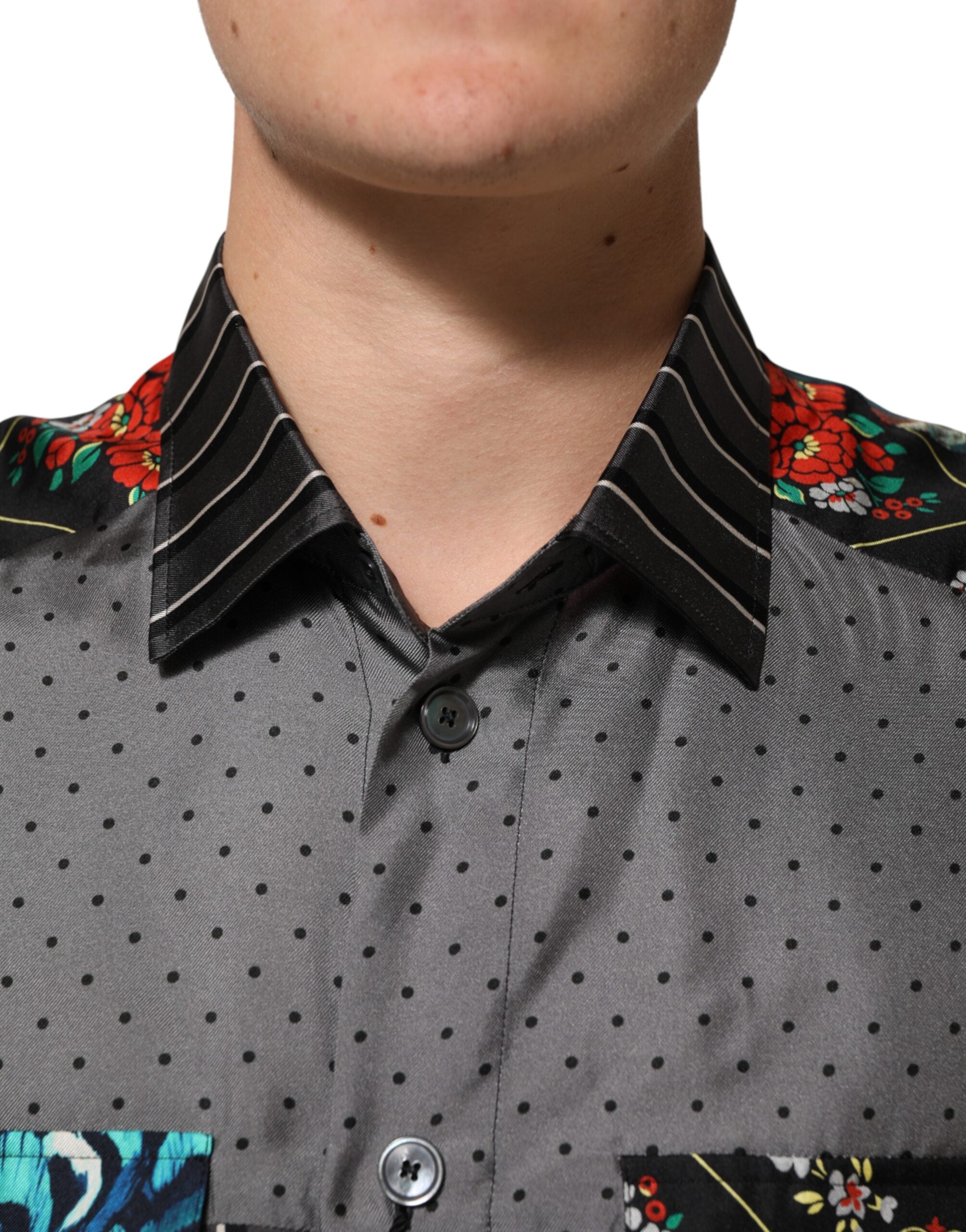 Dolce & Gabbana Hemd mit langen Ärmeln aus Seide im Multicolor-Patchwork-Design