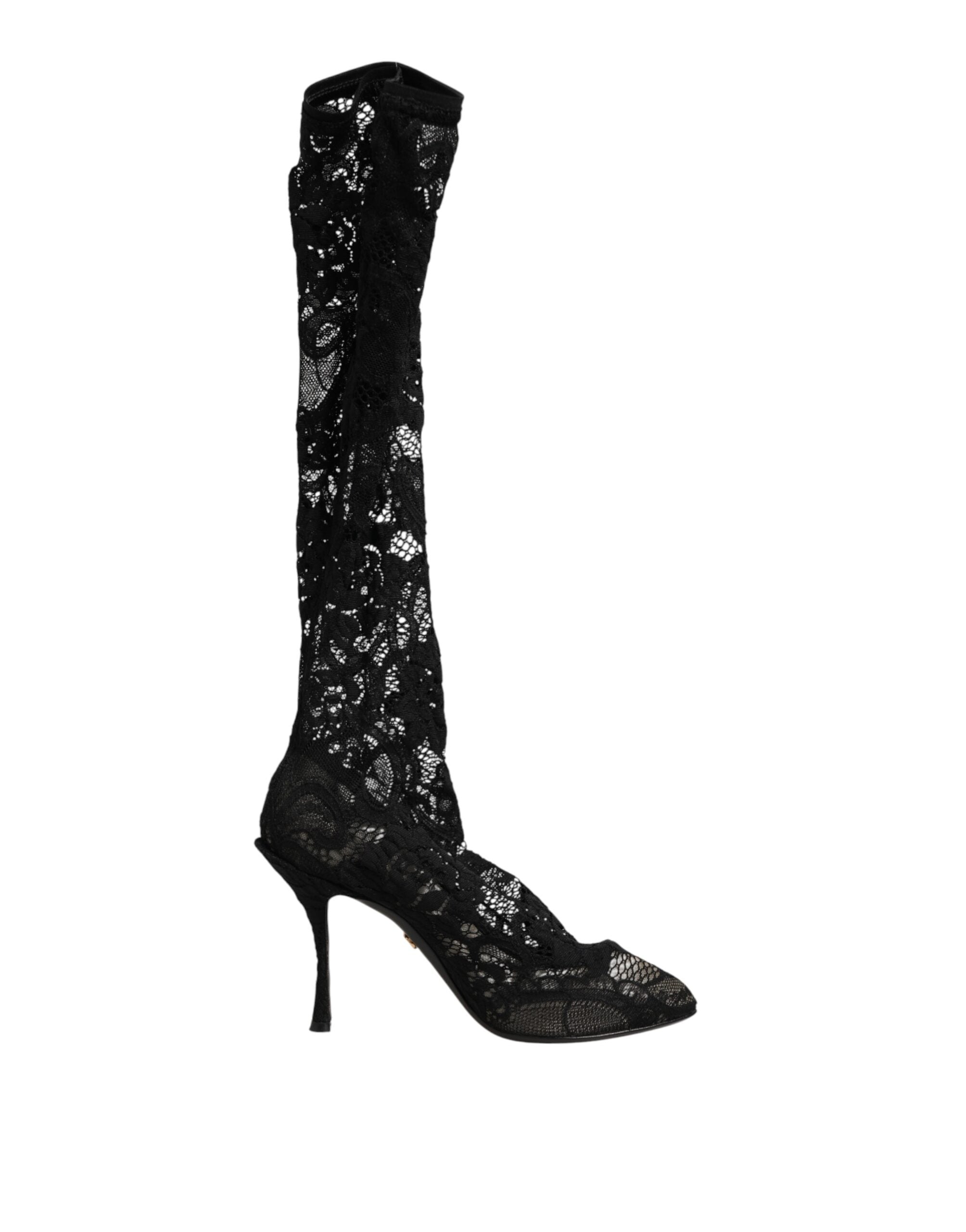 Dolce & Gabbana Schwarze Taormina-Spitzenstiefel mit Sockenoptik