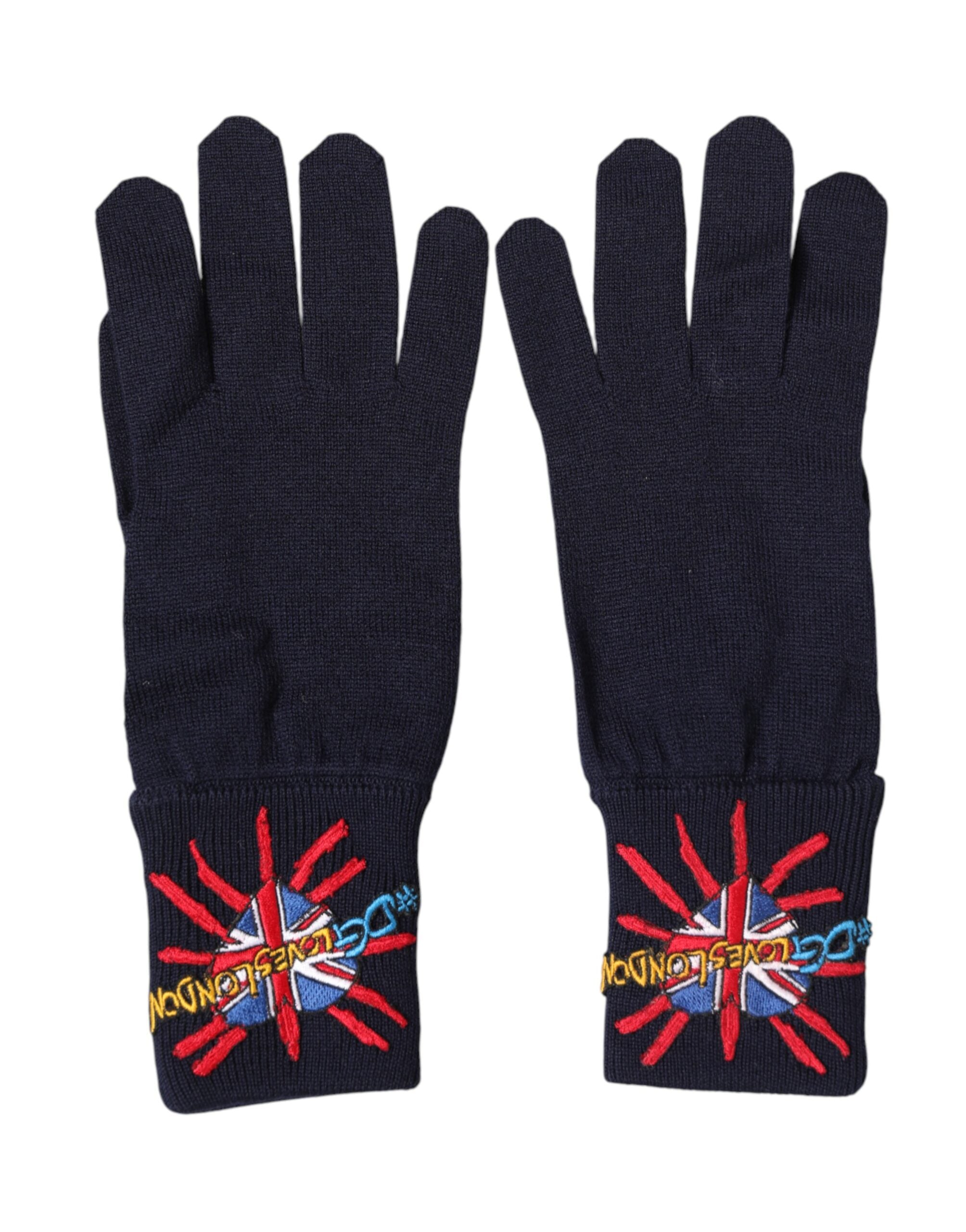 Dolce & Gabbana Blaue Wollstrickhandschuhe #DGLovesLondon mit Stickerei