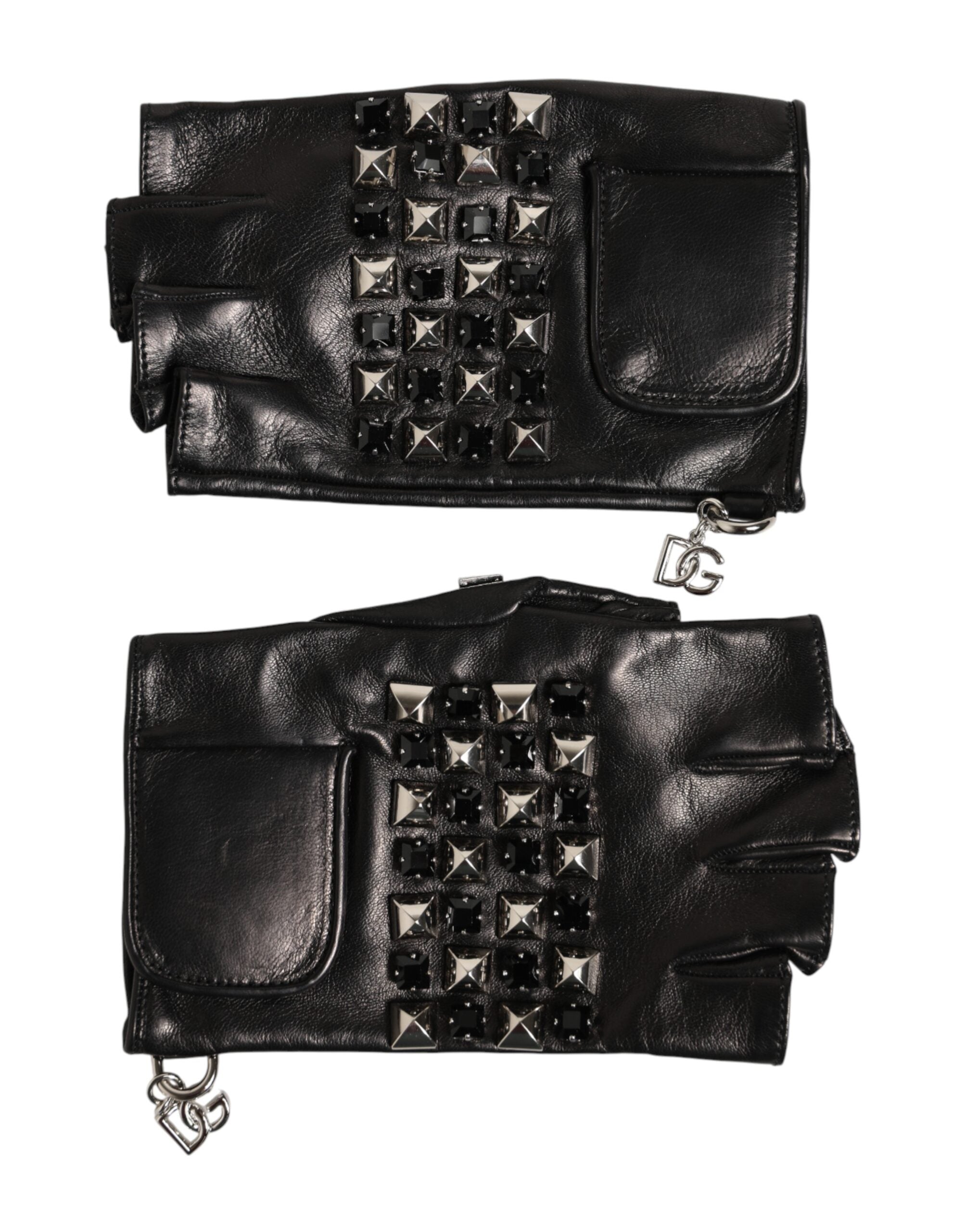 Dolce & Gabbana Schwarze Fingerlose Herren-Handschuhe aus Leder mit Nieten